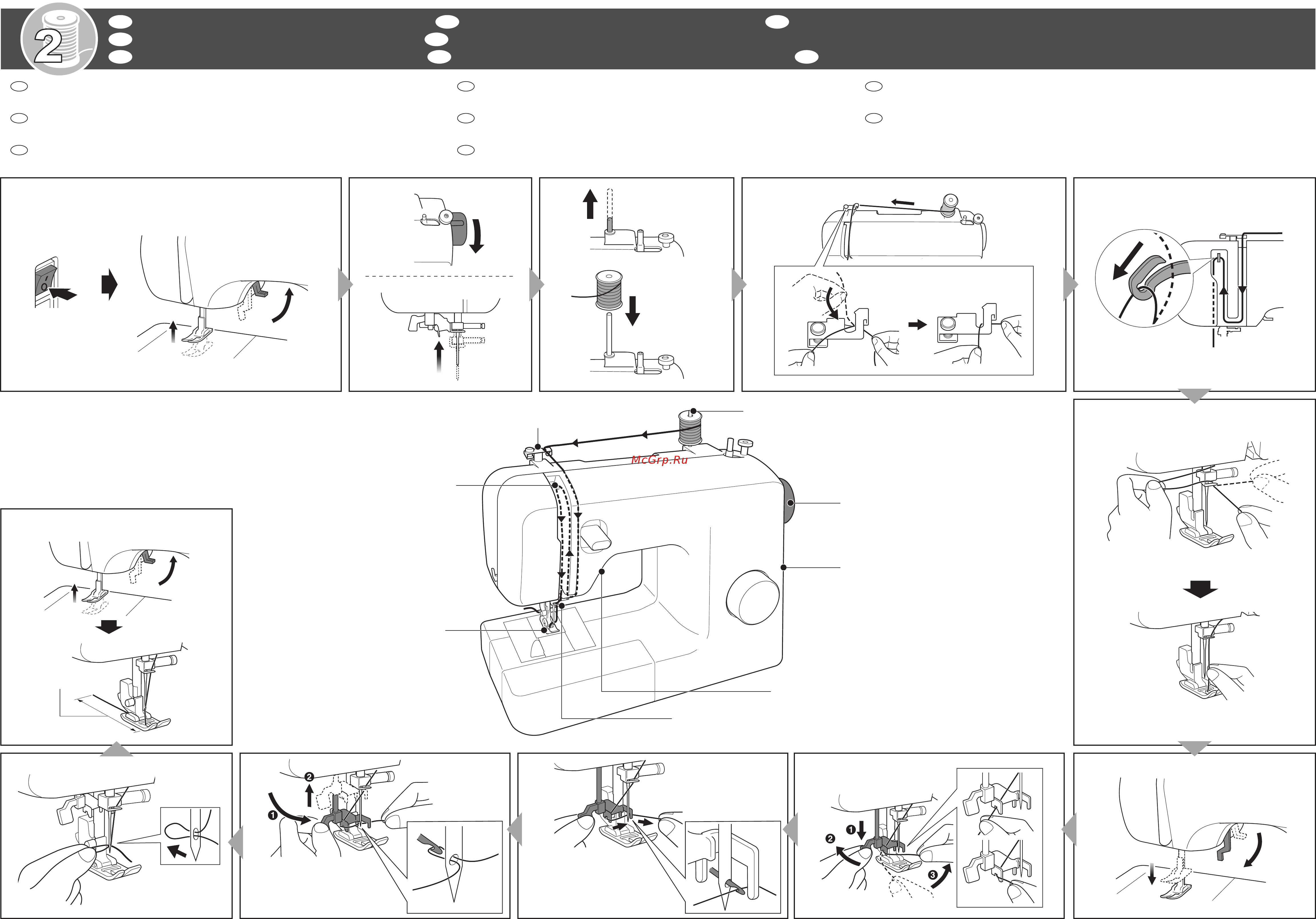 Brother ARTWORK 37A [2/2] Quick reference guide 2 upper threading kurzanleitung 2 einfädeln des oberfadens guide de référence rapide 2 enfilage supérieur beknopte bedieningsgids 2 bovendraad guida di riferimento rapido 2 infilatura superiore guía de referencia rápida 2 hilo superior краткий справочник 2 заправка верхней нити hızlı referans kılavuzu 2 üst iplik takma