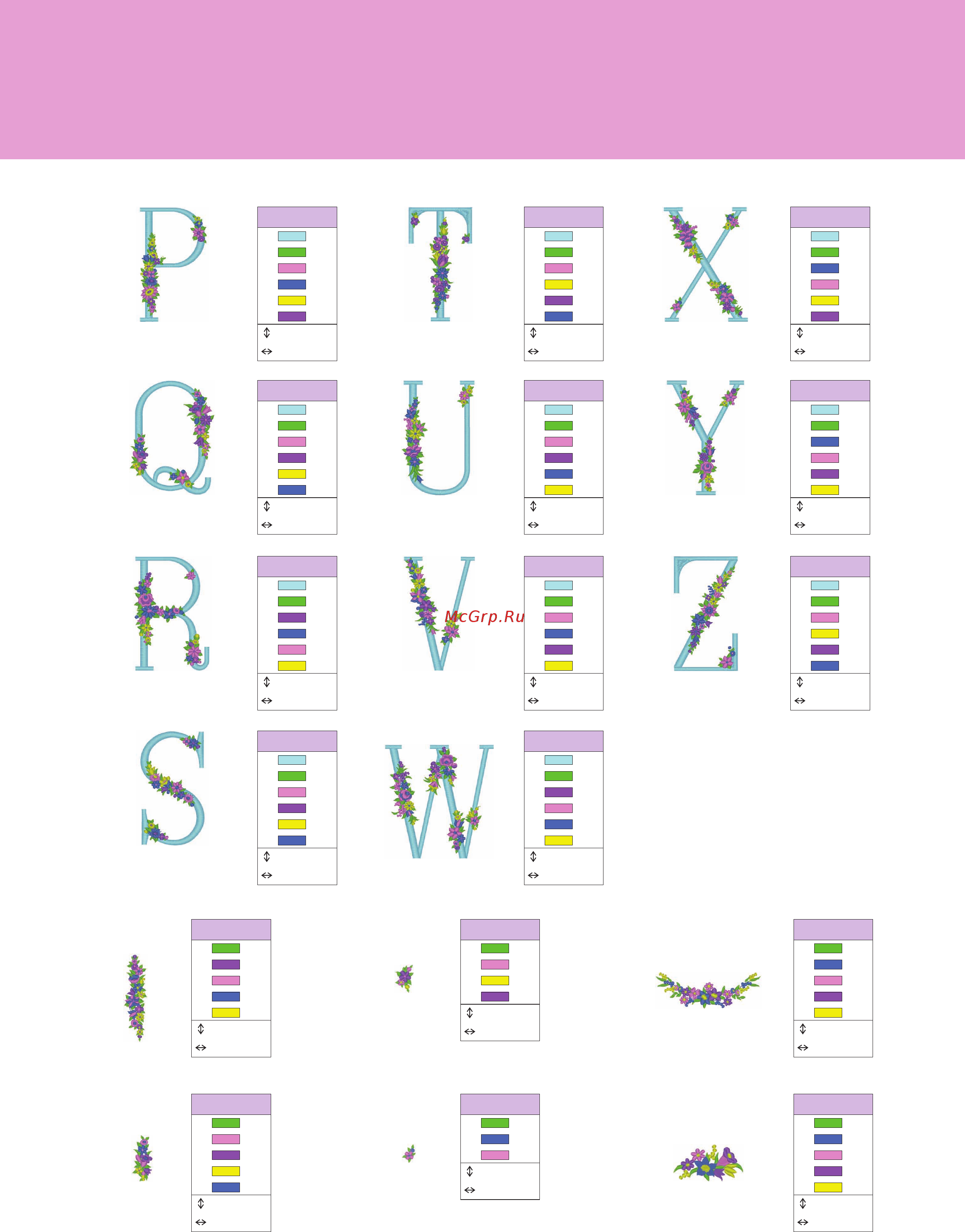 Brother INNOV-'IS NV-2600 [30/36] Embroidery pattern color change table stickmuster farbtabelle tableau de changement de couleur des motifs de broderie kleurwijzigingstabel voor de borduurpatronen tabella di cambiamento colori dei disegni di ricamo tabla de cambio de color para patrones de bordado tabela de alteração de cor do padrão de bordado таблицы цветов нитей для вышивок