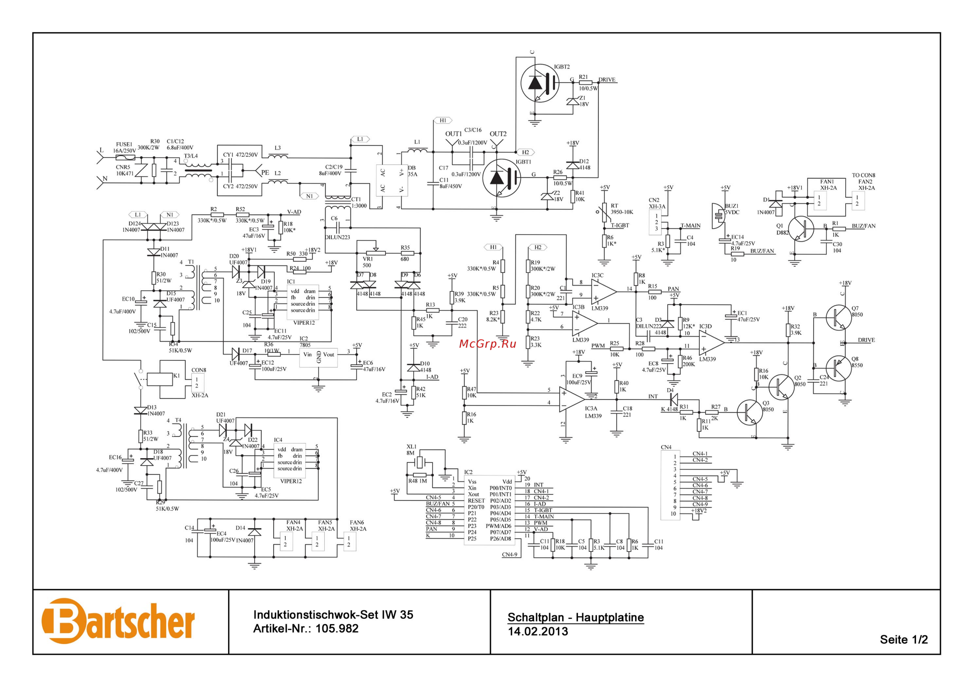 Bartscher IW 35 со сковородой Электрическая схема онлайн