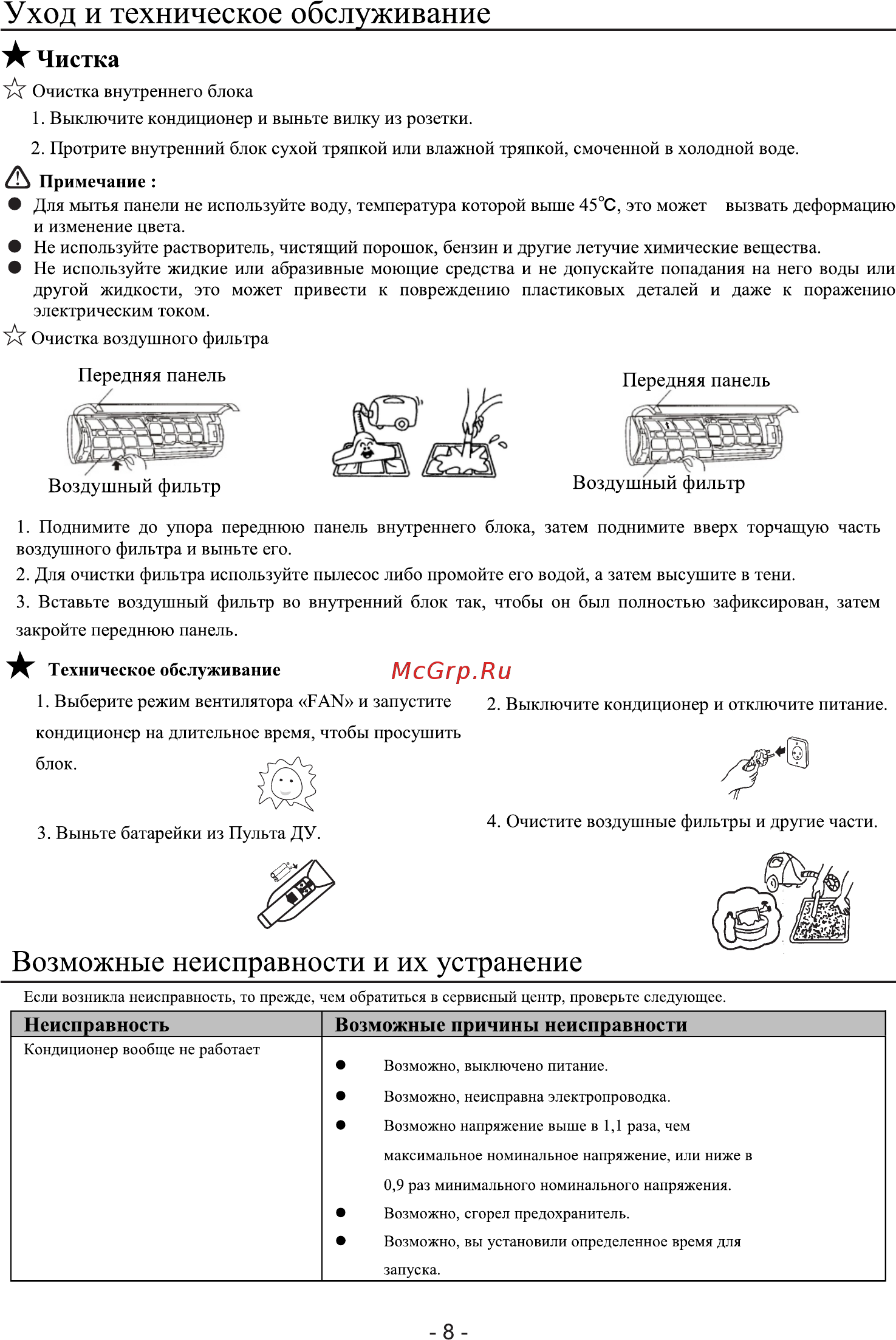 Roda RS-A09F/RU-A09F [10/20] Уход и техническое обслуживание
