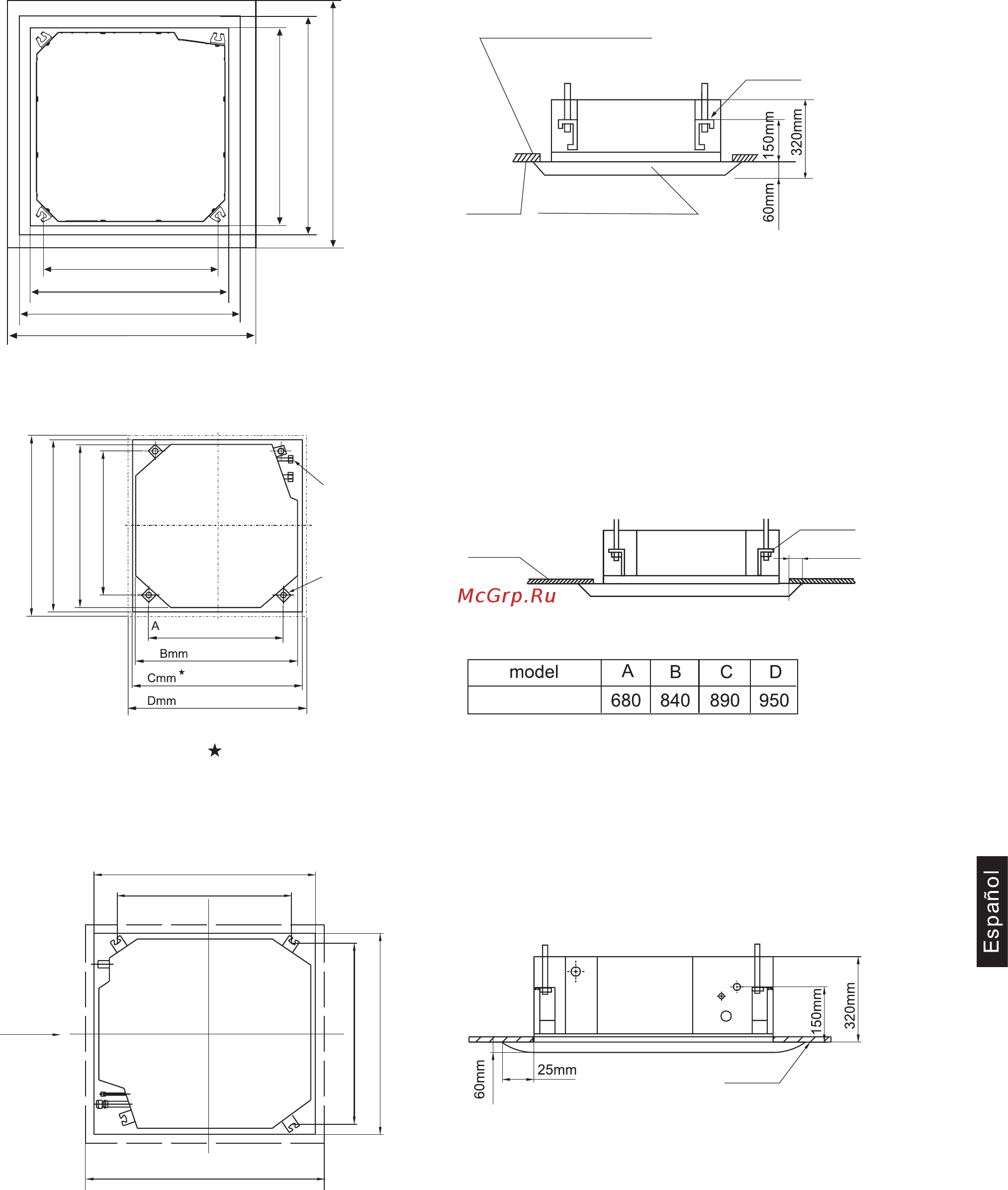 Haier AB182MCERA [189/204] Colocación de la unidad del techo antes de suspender la unidad interior decida la ubicación de instalación y la dirección de las tuberías teniendo en cuenta los tubos y los cables que deben colocarse en el techo antes de suspender la unidad interior prepare todos los tubos tubo del refrigerante y tubo de desagüe del agua de con densación y los cables cable del mando a distancia cable de conexión entre las unidades interior y exterior de modo que se puedan conectar inmediatamente después de la instalación si el techo ya existe antes de insertar el aparato coloque el tubo del refrigerante el tubo de desagüe del agua de con densación los cables de la unidad interior los cables del mando en los lugares previstos para ello compruebe las dimensiones de la unidad interior para la instalación con la plantilla de papel use la plantilla para adaptar la apertura en el techo a las medidas de la unidad