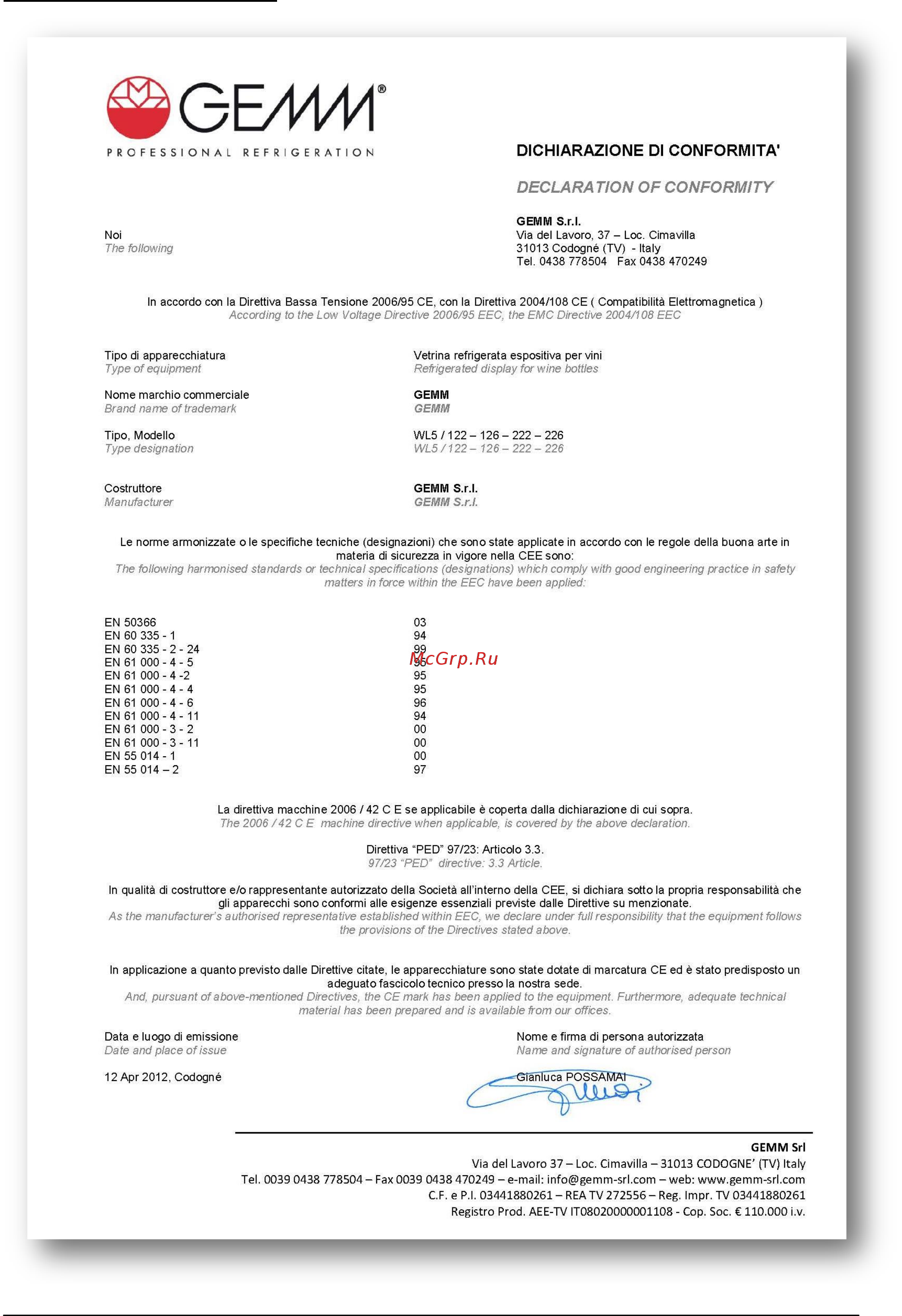 Gemm WL5/126P [63/122] Konformitätserklärung