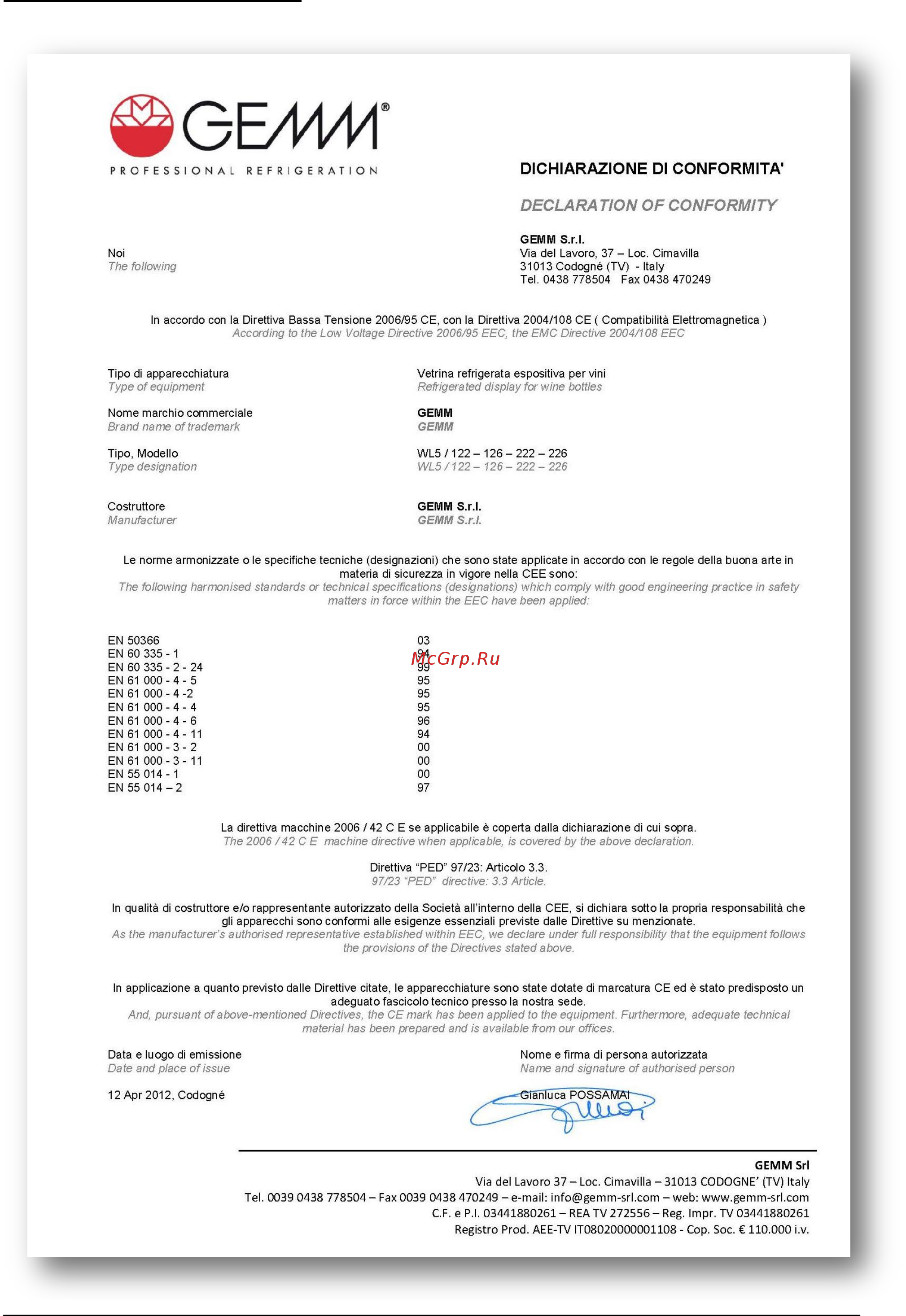 Gemm WL5/222P [91/122] Déclaration de conformité