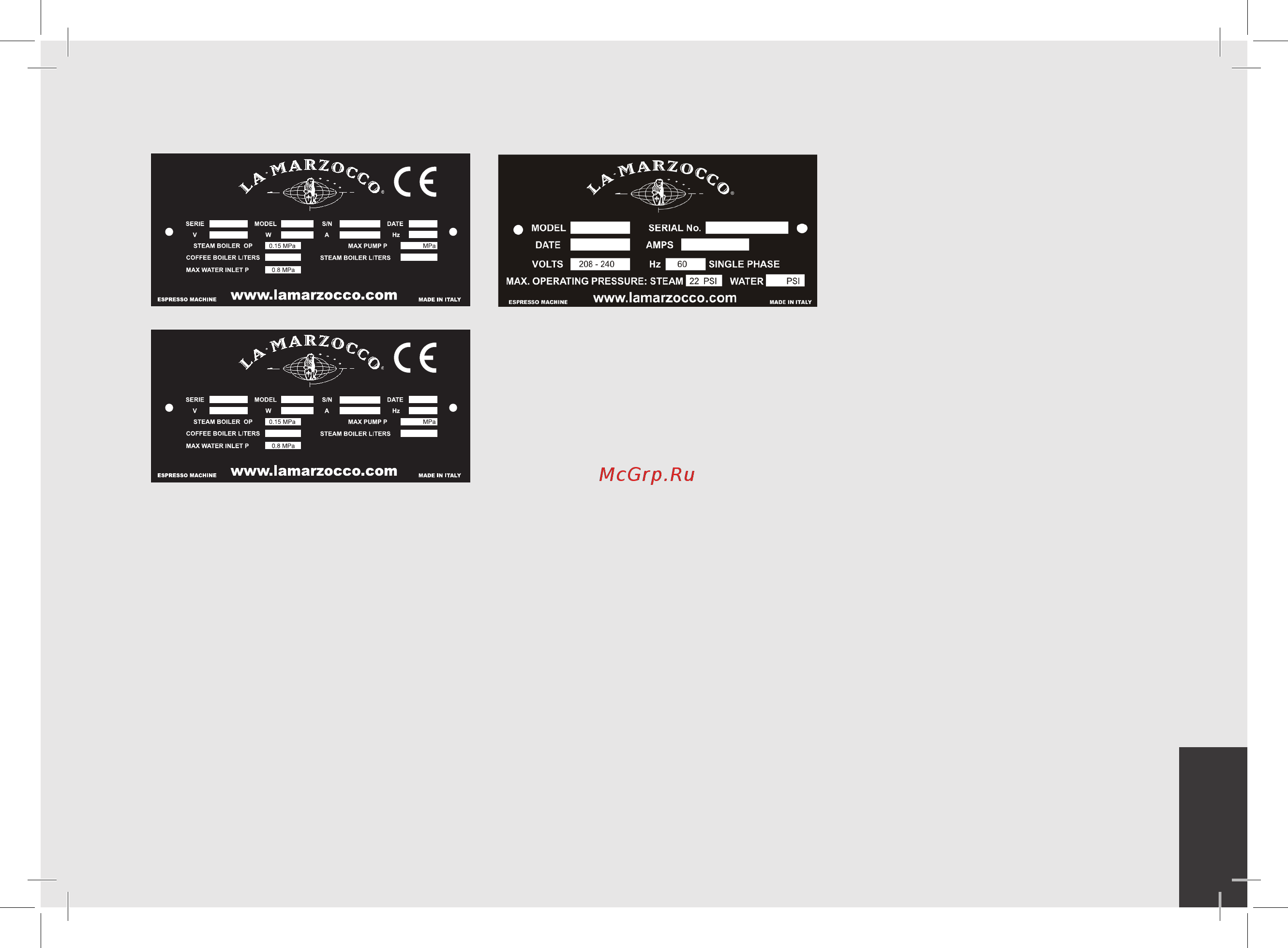 La Marzocco Linea PB AV 2 Gr [7/84] Паспортная табличка по стандарту се паспортная табличка по стандарту etl