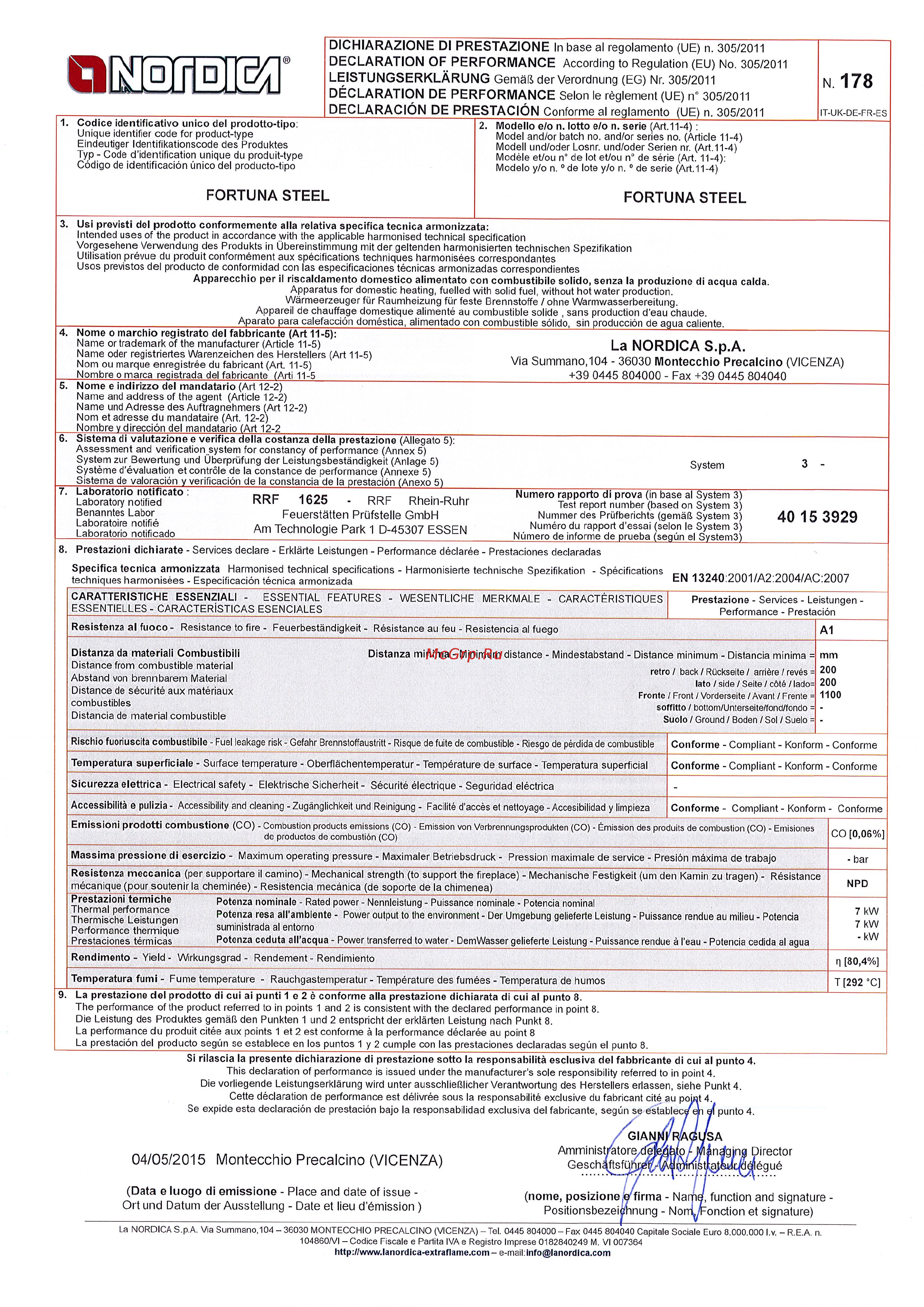 La Nordica Fortuna Steel Декларация о соответствии (англ.) онлайн