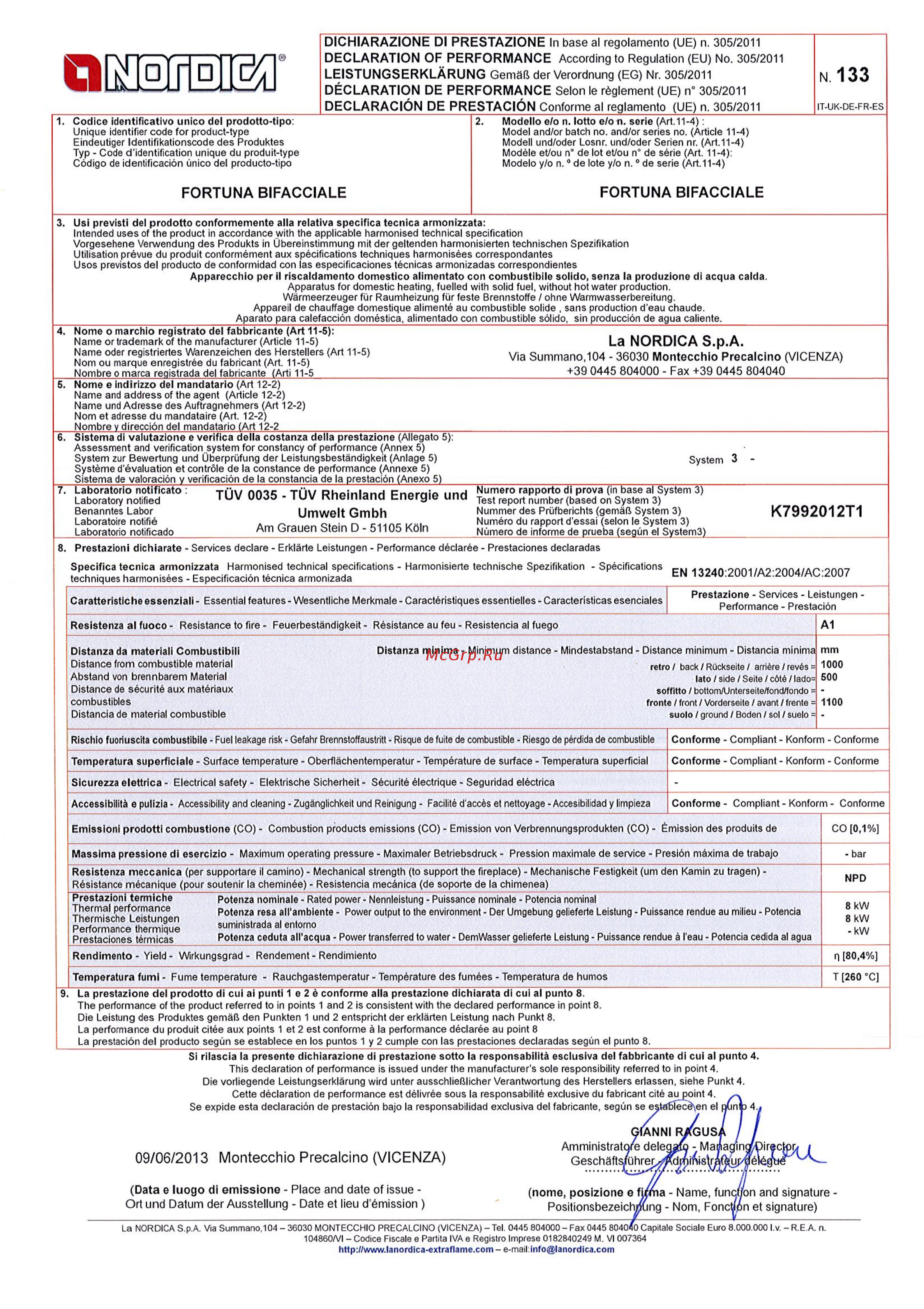 La Nordica Fortuna Bifacciale Декларация о соответствии (англ.) онлайн