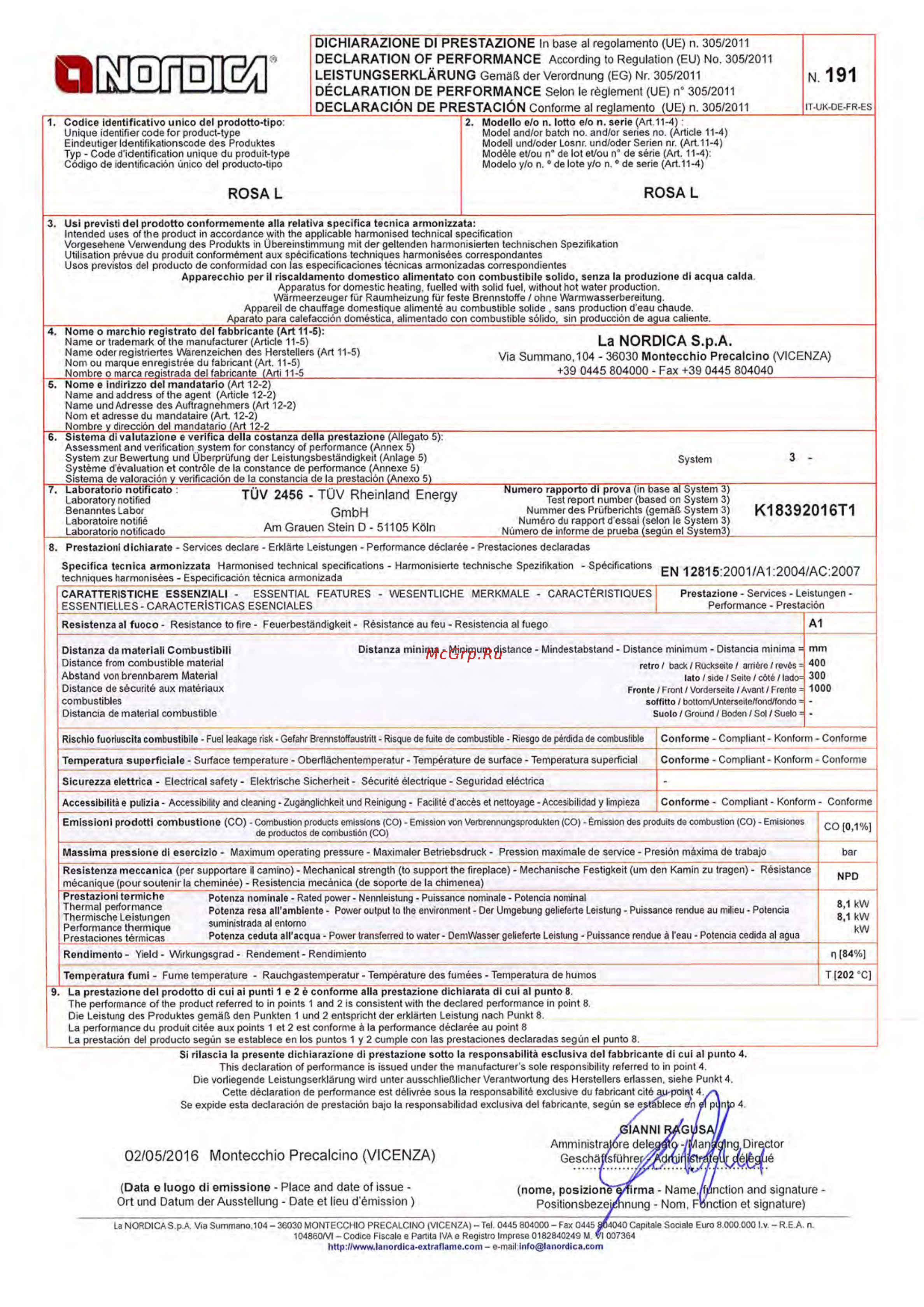 La Nordica Rosa L Декларация о соответствии (англ.) онлайн