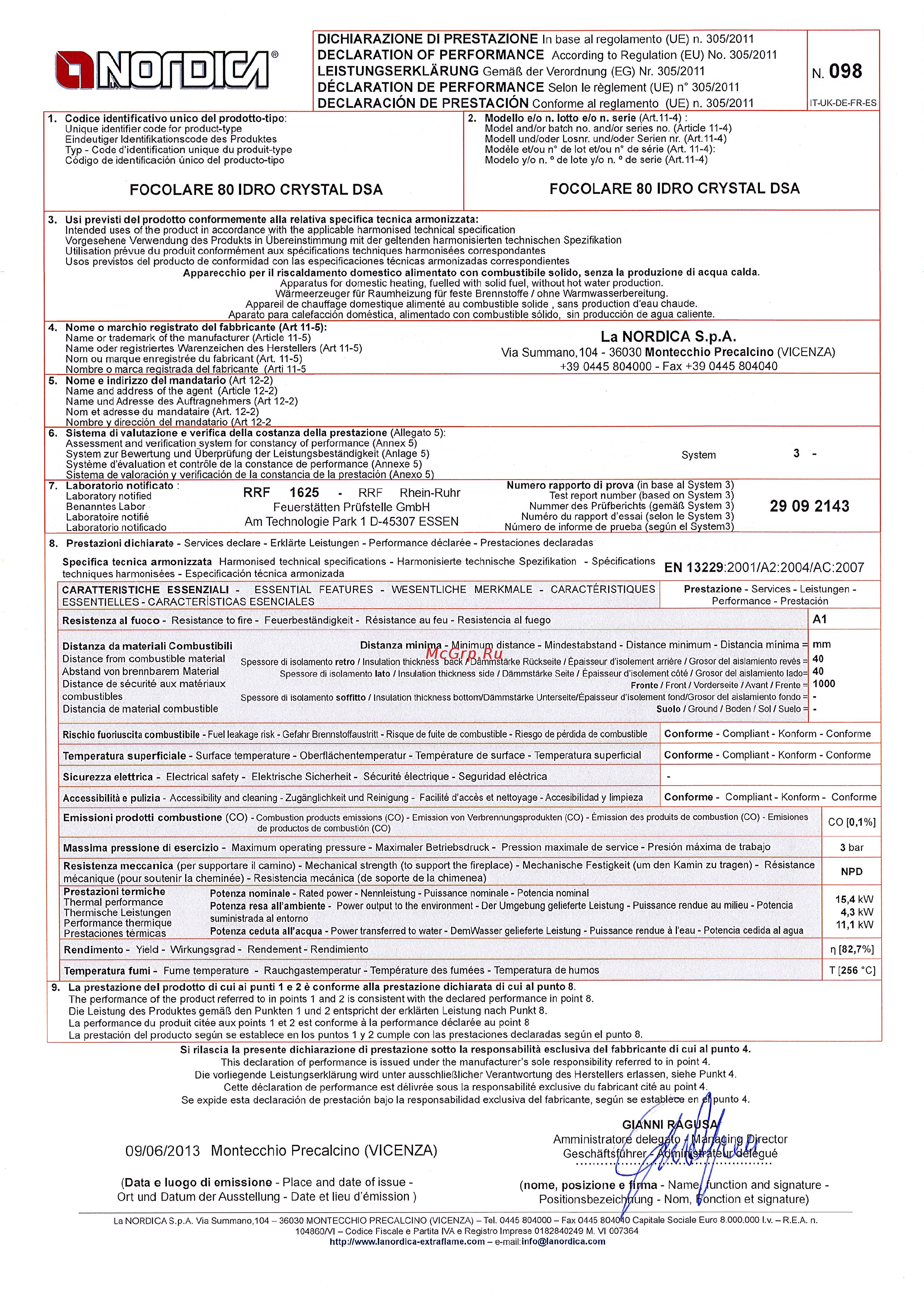 La Nordica Focolare 80 Idro Crystal D.S.A Декларация о соответствии (англ.) онлайн