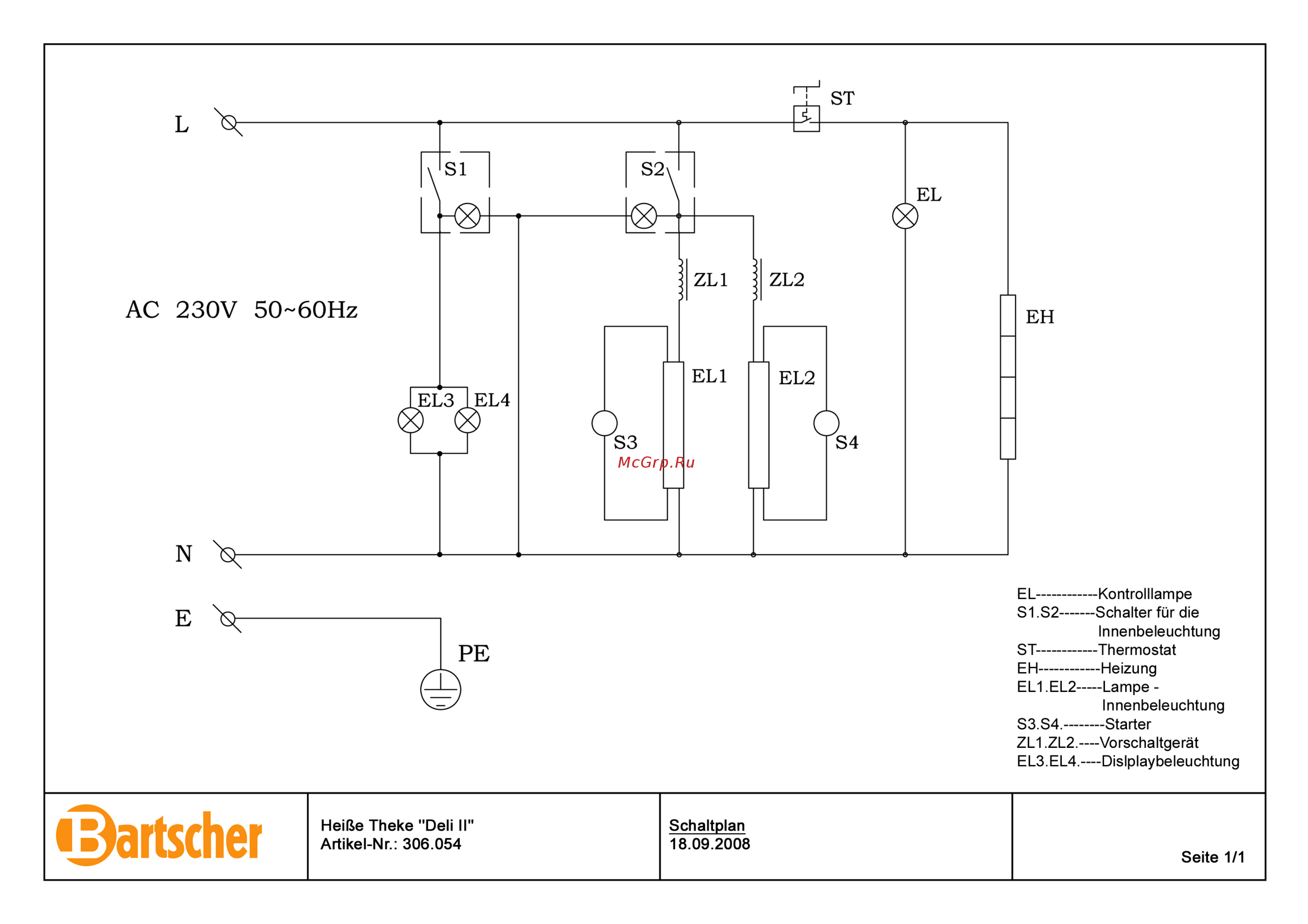 Bartscher Deli II 306.054 Электрическая схема онлайн