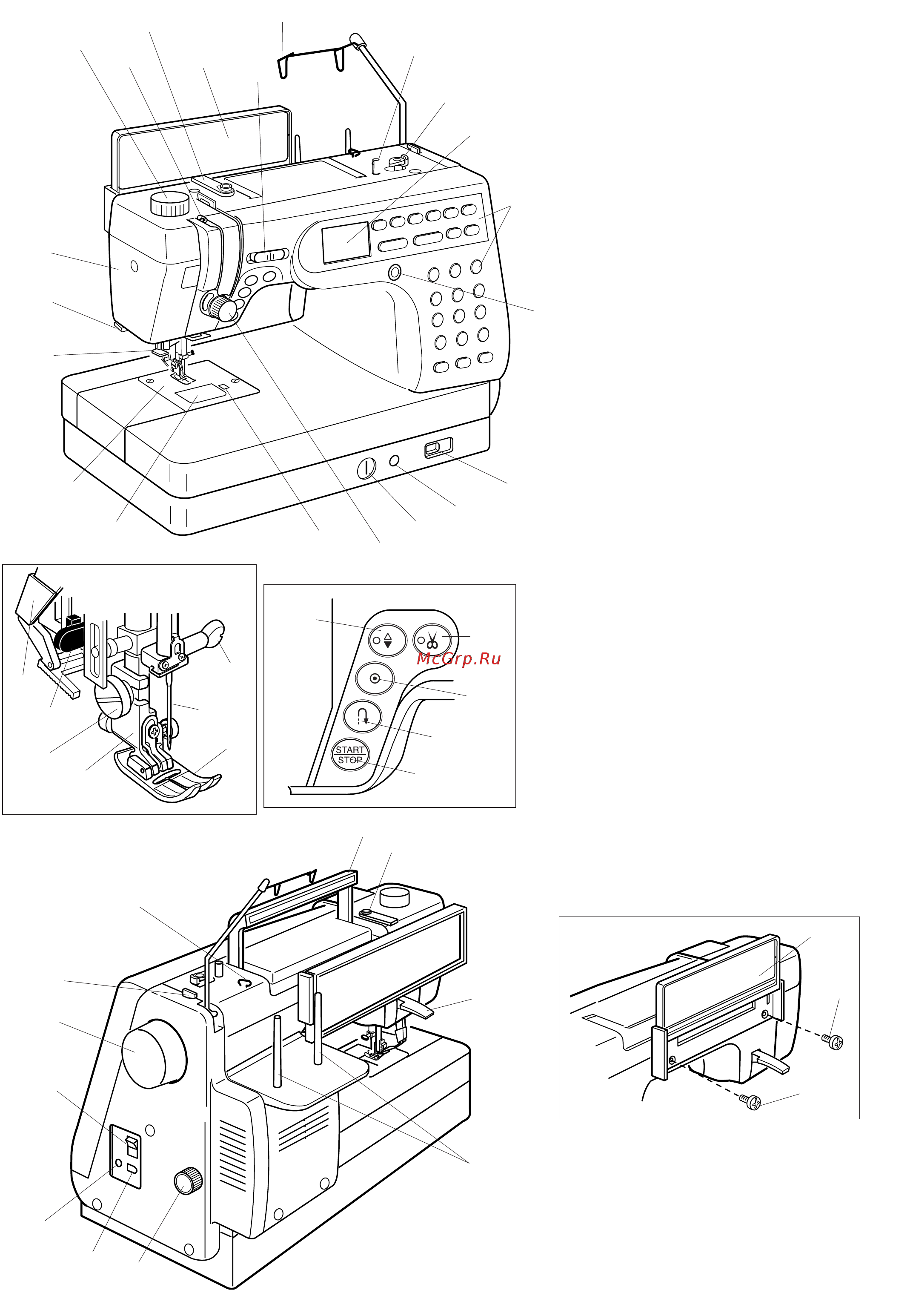 Janome MEMORY CRAFT 6600P (MC 6600) [5/93] Реле давления лапки на ткань 2 рычаг нитеводителя 3 нитенаправитель 4 панель с краткой информацией 5 рычаг контроля скорости 6 съемный нитенаправитель 7 шпиндель моталки 8 стопор намотки шпульки 9 жидкокристаллический дисплей 10 функциональные клавиши 11 изменение контрастности жк дисплея 12 кнопка отключения транспортера подачи ткани 13 разъем для коленного рычага 14 регулировка баланса стежка 15 ручка регулировки натяжения нити 16 кнопка обрезки нити 17 кнопка подъема опускания иглы 18 кнопка автоматической закрепки 19 кнопка реверса 20 кнопка старт стоп 21 кнопка снятия челночной пластины 22 пластина челночного отсека 23 игольная пластина 24 нитевдеватель 25 обрезатель нити 26 передняя панель 27 лапка для зигзага а 28 держатель лапки 29 винт держателя лапки 30 рычаг петли 31 механизм верхней подачи ткани 32 игла 33 винт игольного стержня 34 ручка для переноса 35 диск натяжения нити при намотке 36 рычаг подъема лапки 37 катушечные стержни 38 регулятор двойной подачи ткани 39 разъемы