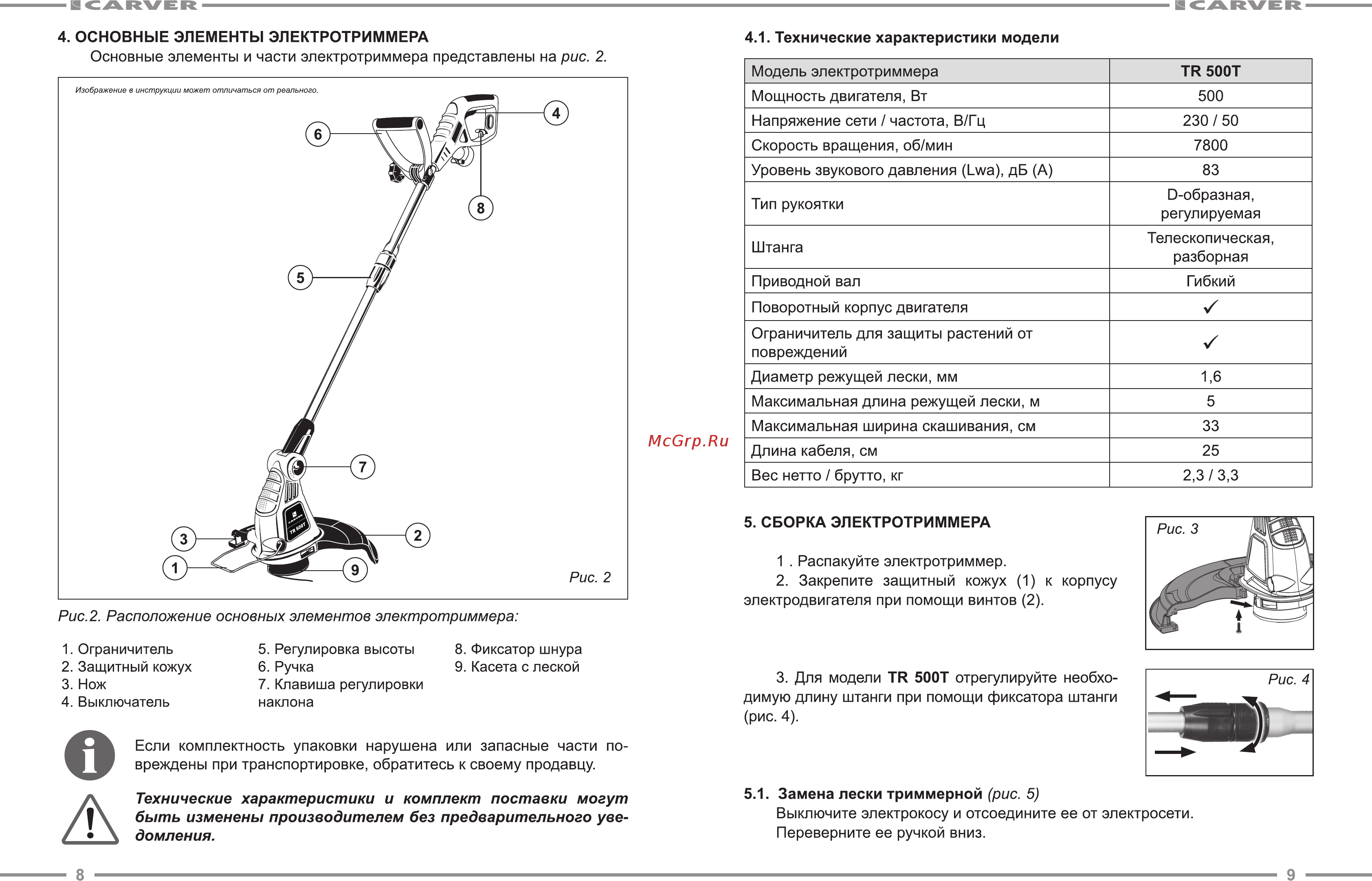 Carver TR 500T [5/9] Замена лески триммерной