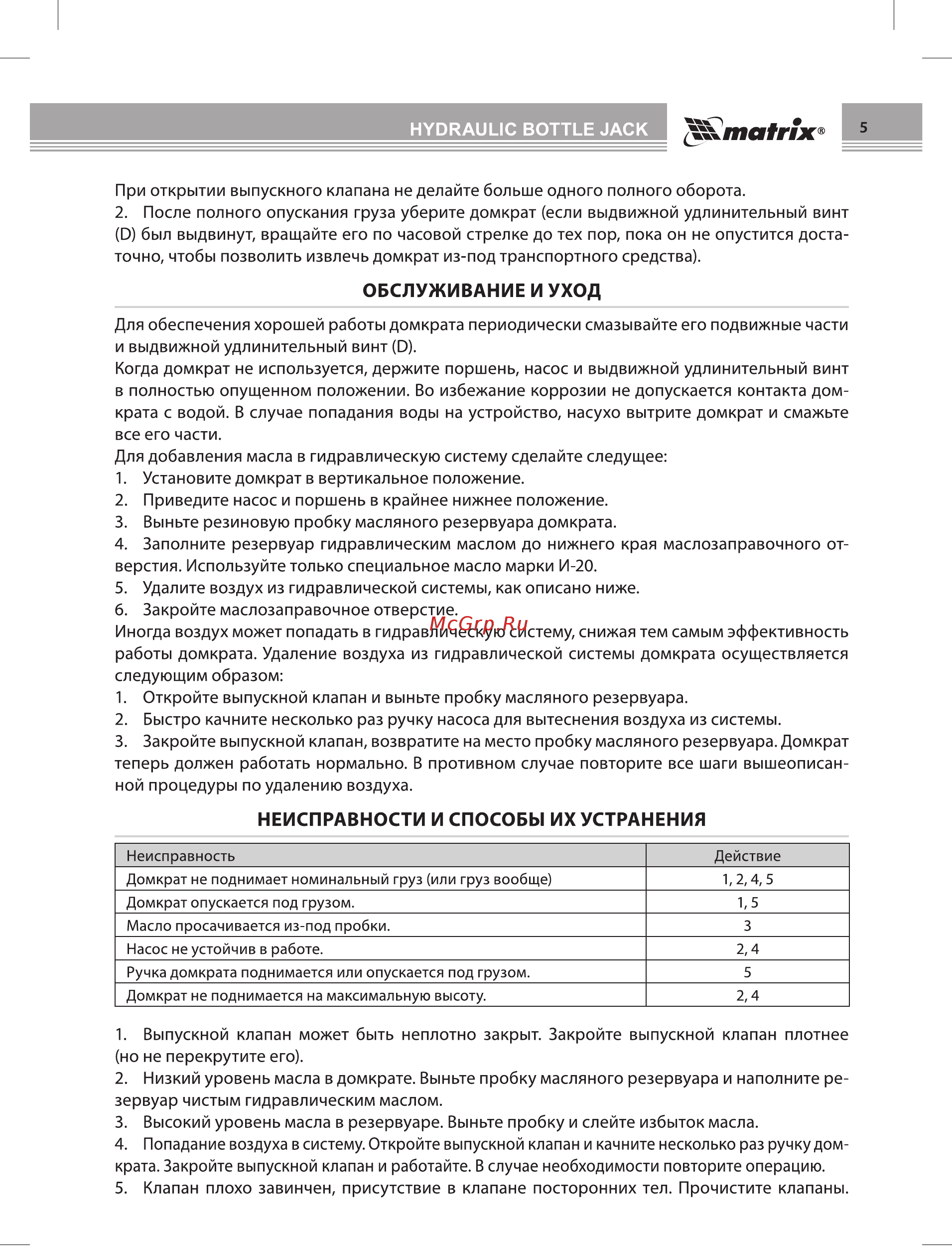 Matrix Master Гидравлический 12т [5/8] Неисправности и способы их устранения