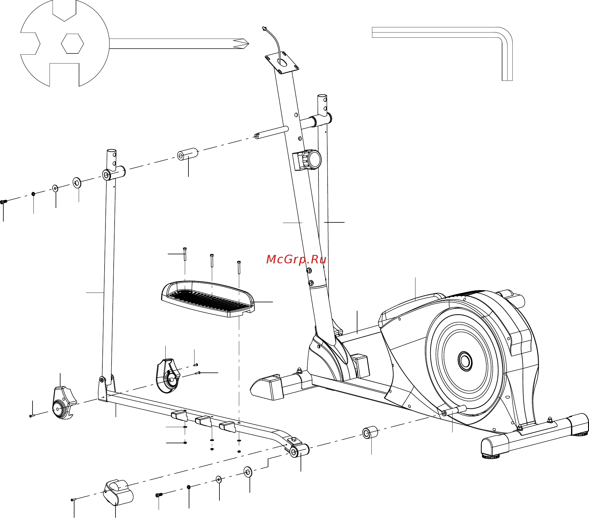 LifeGear 93800 [11/22] Left right handrail arms left right foot bars left right foot pedals foot bar covers a b and foot bar bracket covers installation remove one m8x20 hexagon socket pan head cap bolt 11 one ø8 spring washer 12 one ø8xø25x2 big washer 13 and one ø38x16 xδ3 washer 14 from the left horizontal axis of the front post 47 remove bolts with the s6 allen wrench tool provided attach the left handrail arm 16l onto the left horizontal axis of the front post 47 with one m8x20 hexagon socket pan head cap bolt 11 one ø8 spring washer 12 one ø8xø25x2 big washer 13 and one ø38x16 xδ3 washer 14 that were removed tighten bolt with the s6 allen wrench provided remove one m8x20 hexagon socket pan head cap bolt 11 one ø8 spring washer 12 one ø8xø25x2 big washer 13 and one ø38x16 xδ3 washer 14 from the left crank 67 remove bolt with the s6 allen wrench provided attach the left foot bar bracket 64 to the left crank 67 with one m8x20 hexagon socket pan head cap bolt 11 one ø8 spring washer 12 one ø8xø25x2 big was