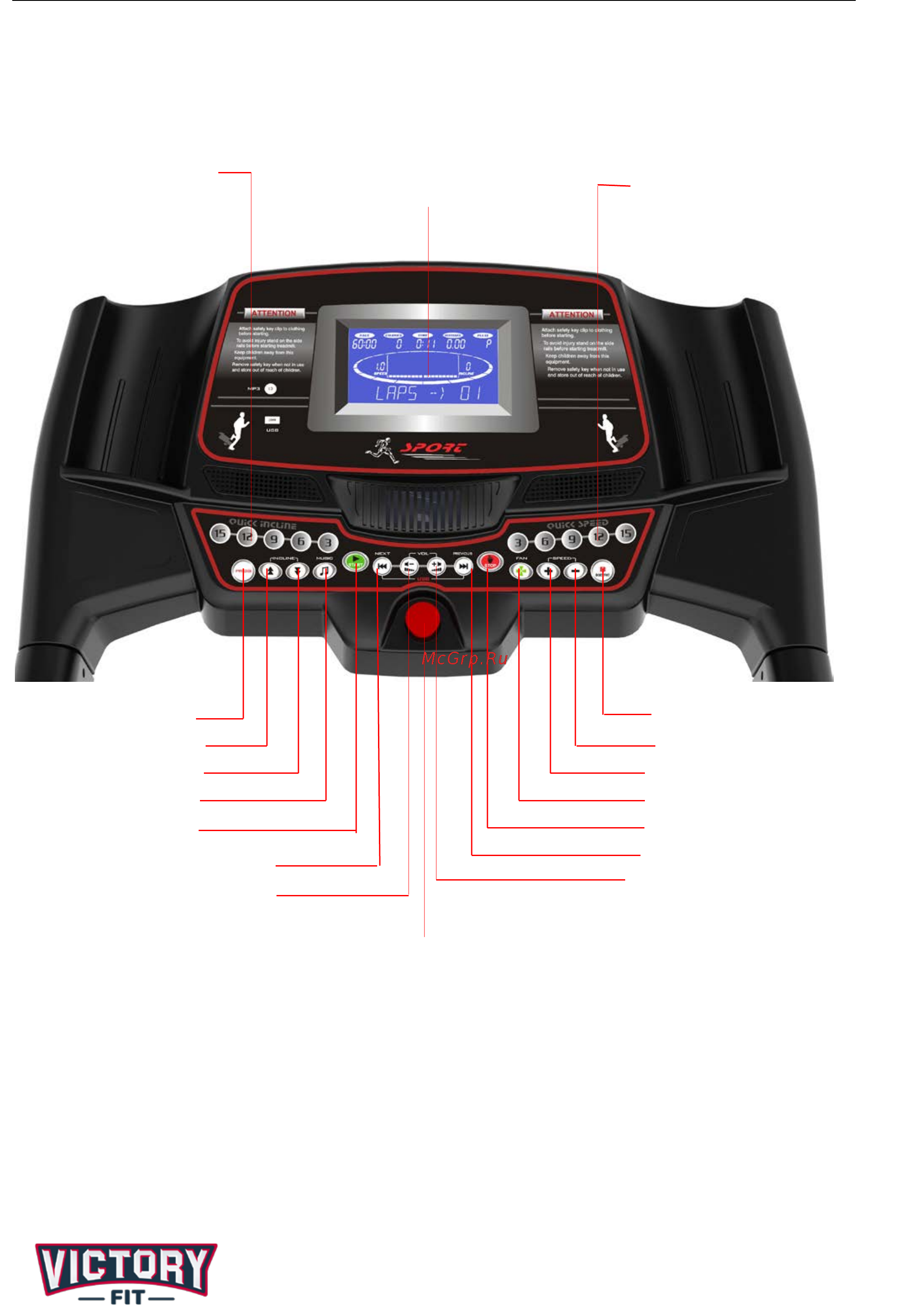 VictoryFit VF-3505 [6/19] 1 кнопки quick incline нажатием на эти кнопки вы можете задать несколько предустановленных значений наклона беговой дорожки