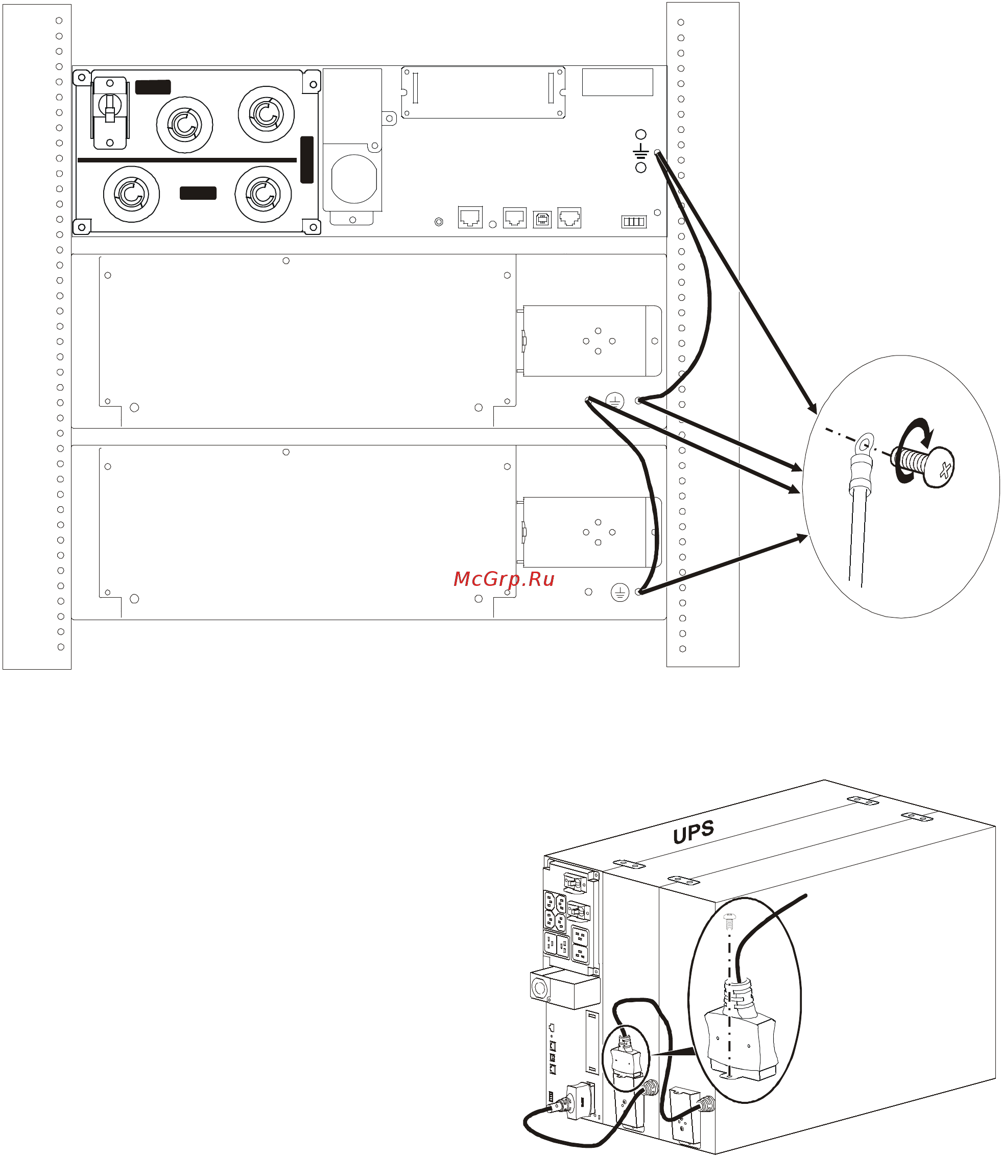 APC RM 192V Battery Pack SRT192RMBP2 [11/18] Подключение кабелей к внешним батарейным блокам