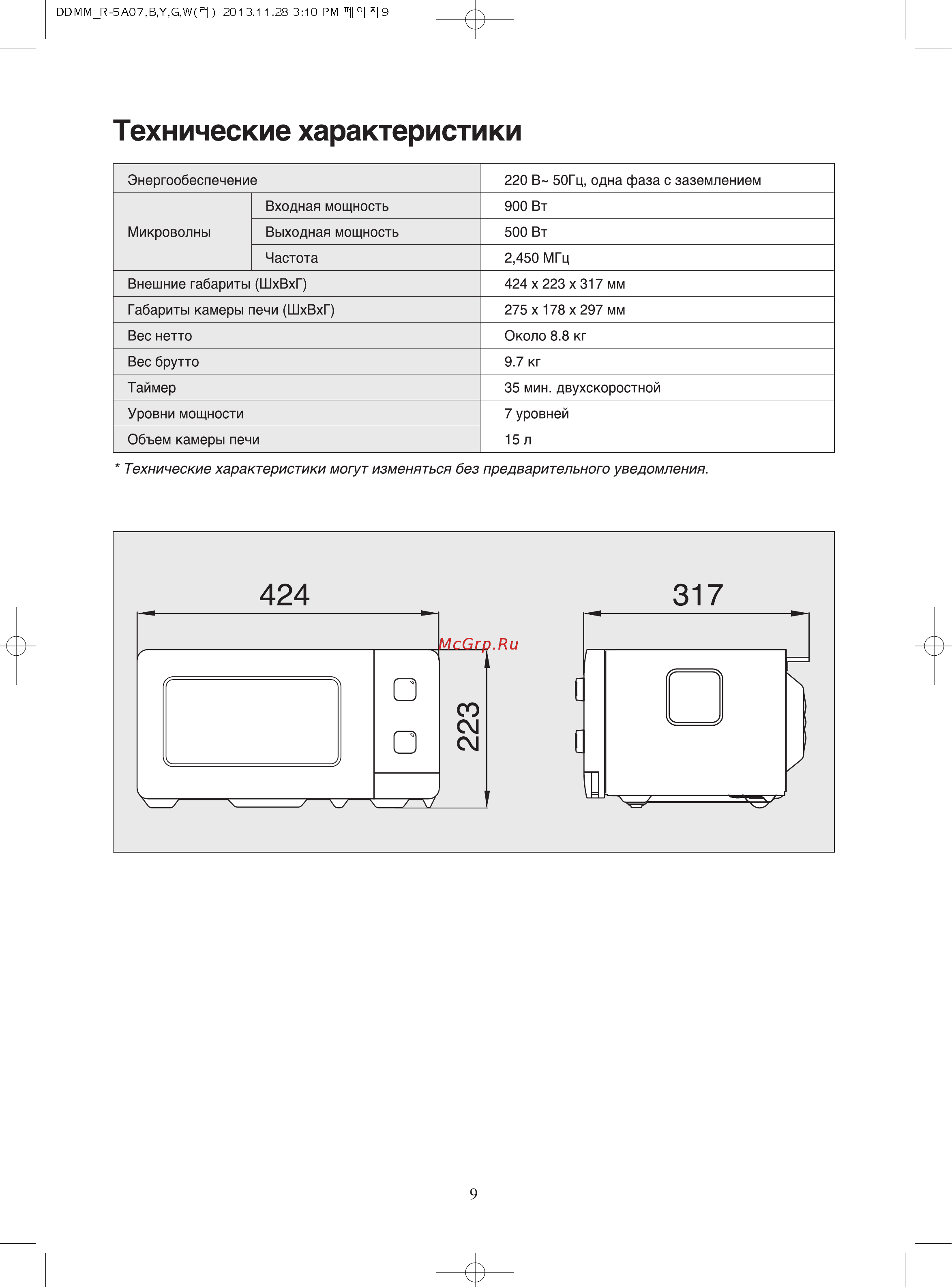 Daewoo KOR-5A07W [10/21] Технические характеристики