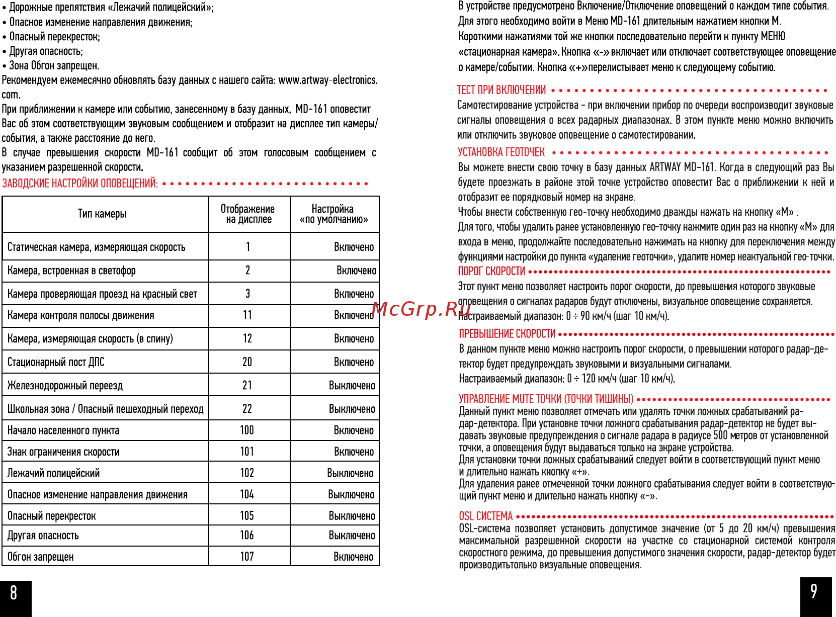 Artway Радар детектор, GPS MD-161 Инструкция по эксплуатации онлайн [6/12] 310249