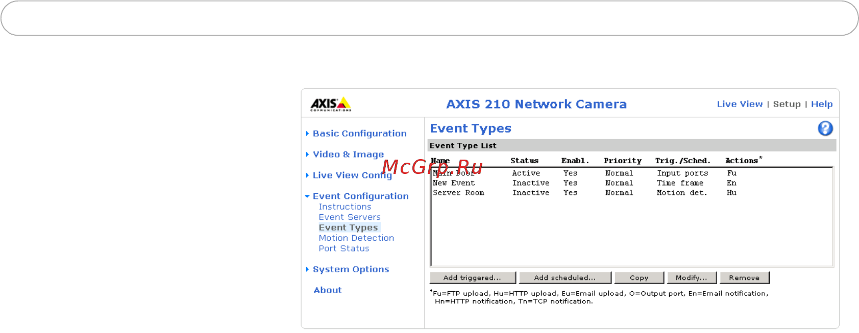 Axis 210 [30/60] Configuring event types
