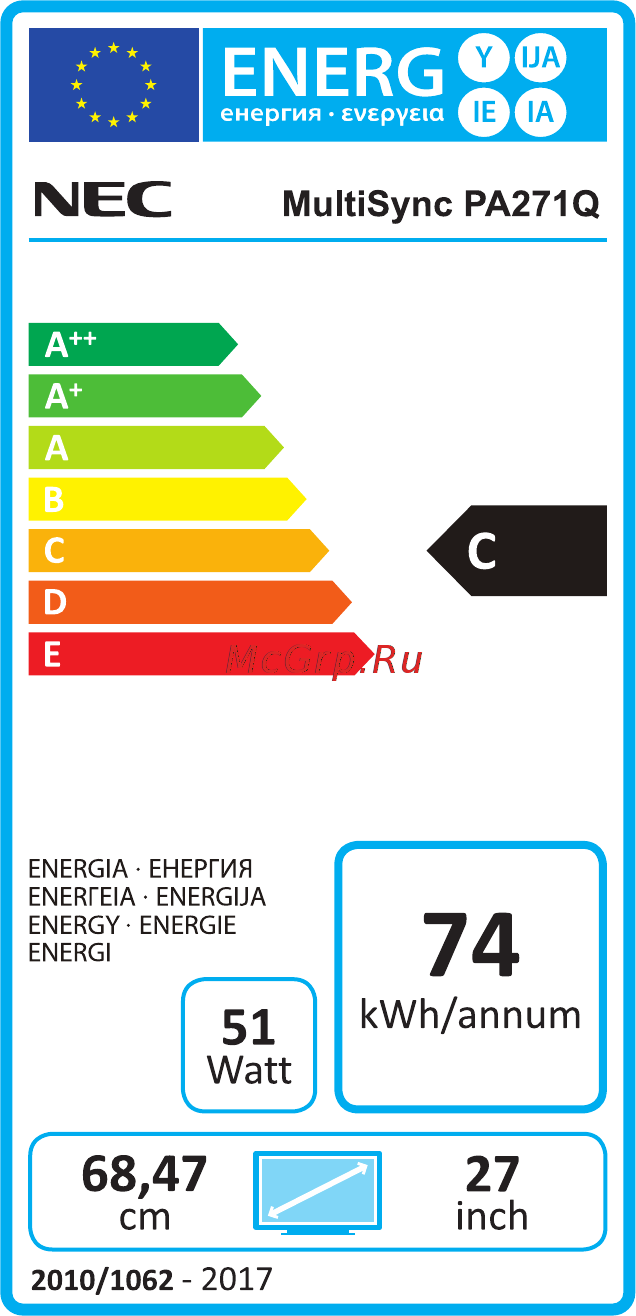 Nec MultiSync PA271Q Энергетическая наклейка онлайн