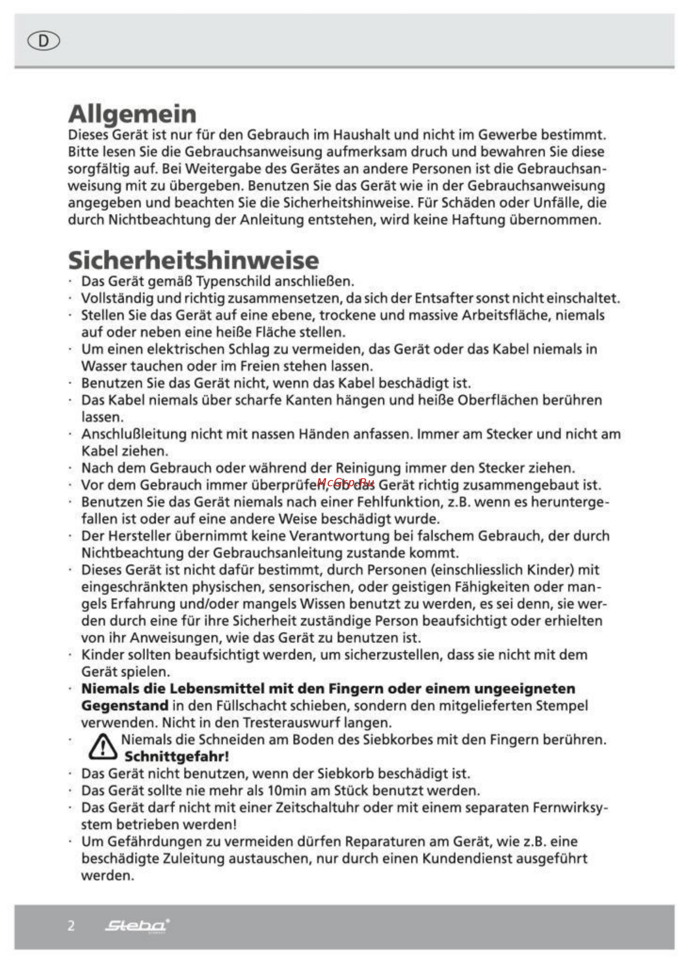 Steba E 90 [2/19] Allgemein