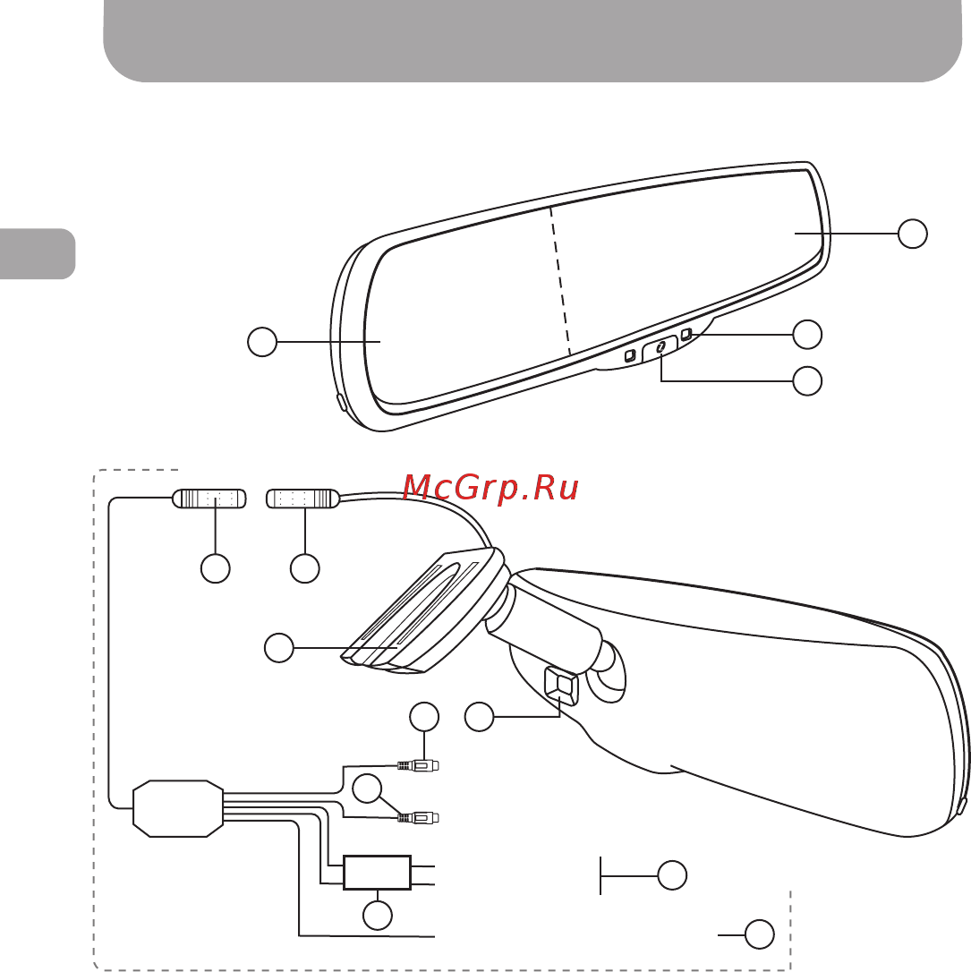 Gazer MU500 [14/26] Встроенный дисплей 4 3 зеркало кнопка on off включение выключение монитора индикатор состояния функции автозатемнения зеркала для