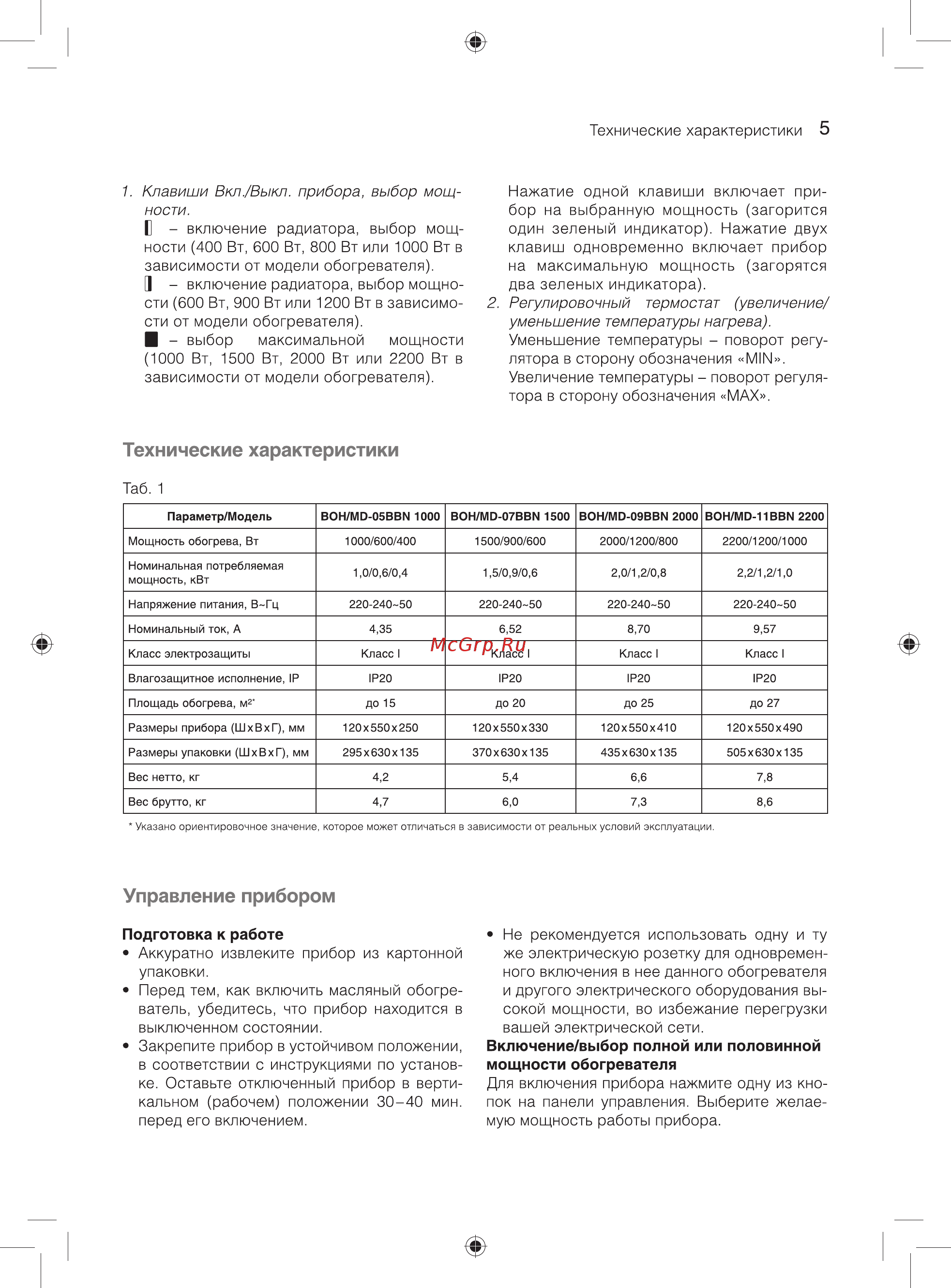 Ballu BOH/MD-07BB 1500 [5/15] Включение выбор полной или половинной мощности обогревателя