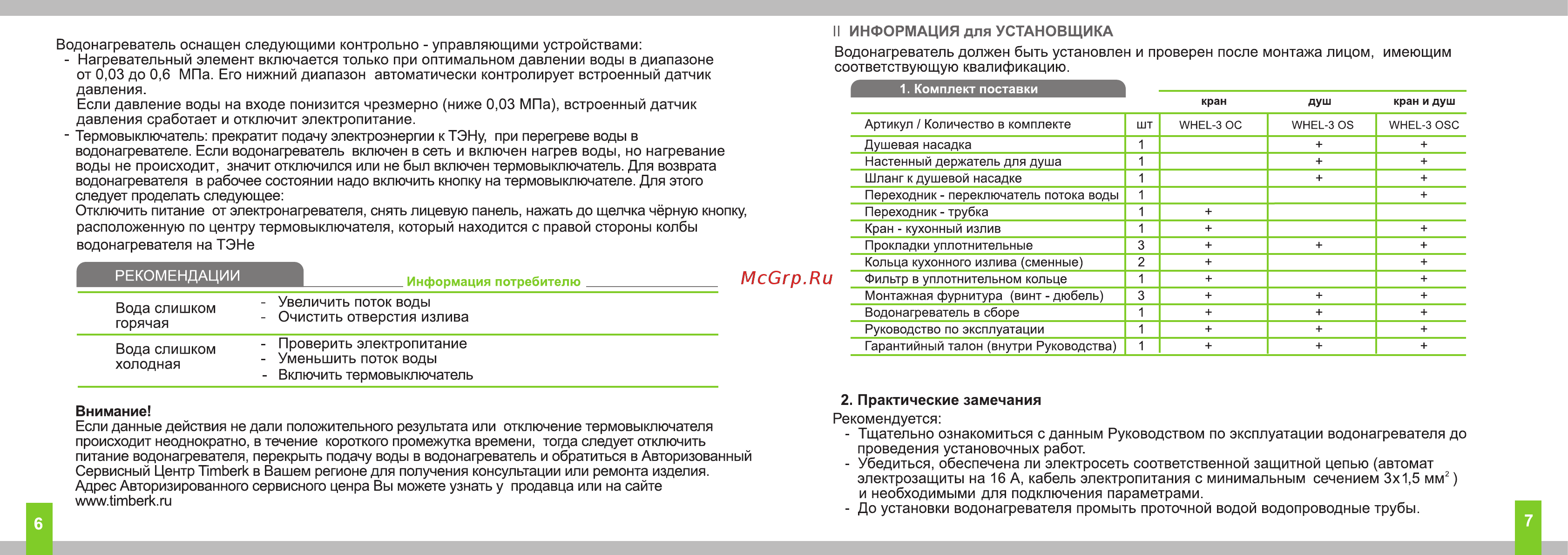 Timberk Primalux WHEL-3 OC [4/8] Проверить электропитание уменьшить поток воды включить термовыключатель
