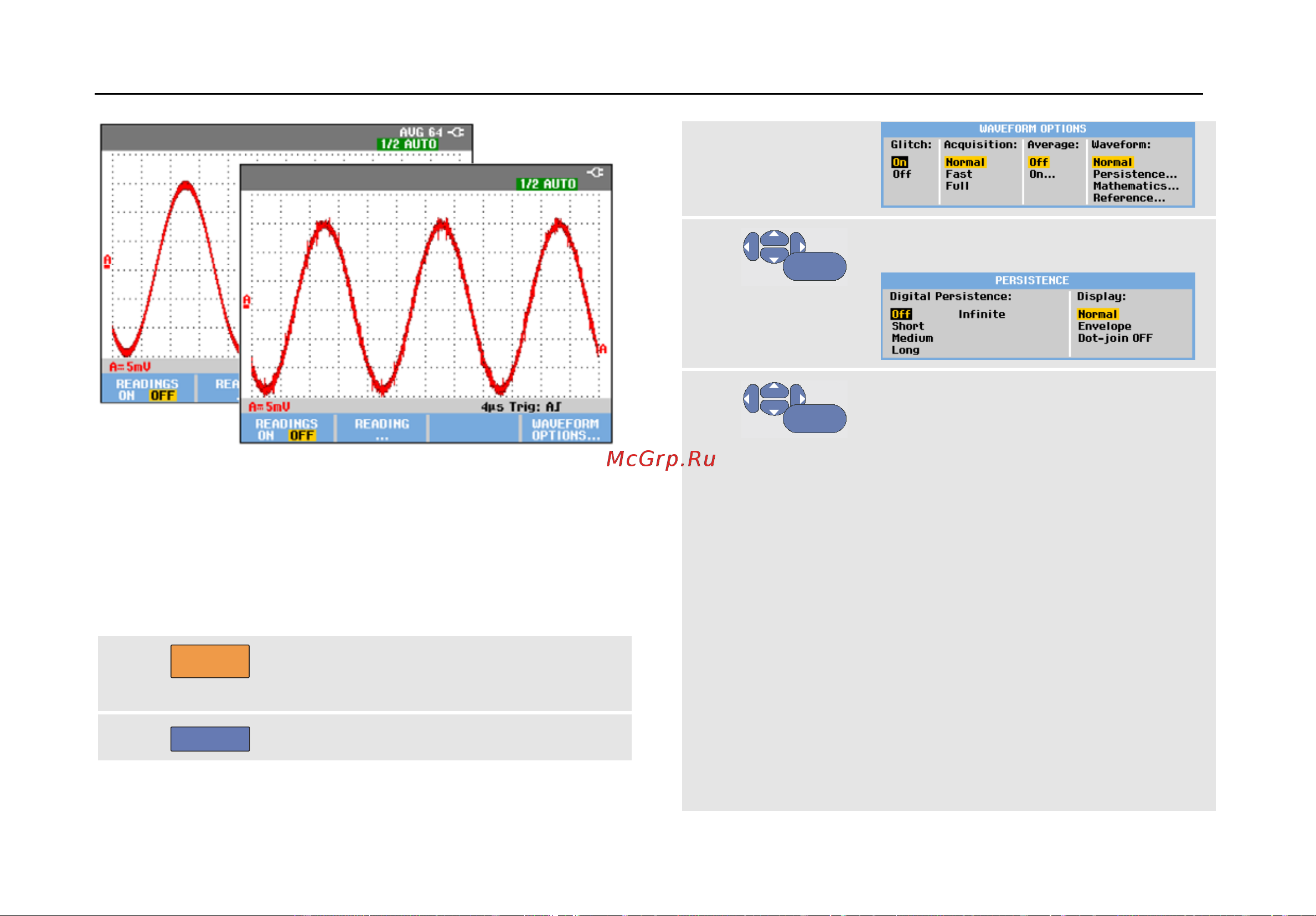 Fluke 190-104/S [32/150] Использование функций persistence envelope и dot join для вывода осциллограммы на экран