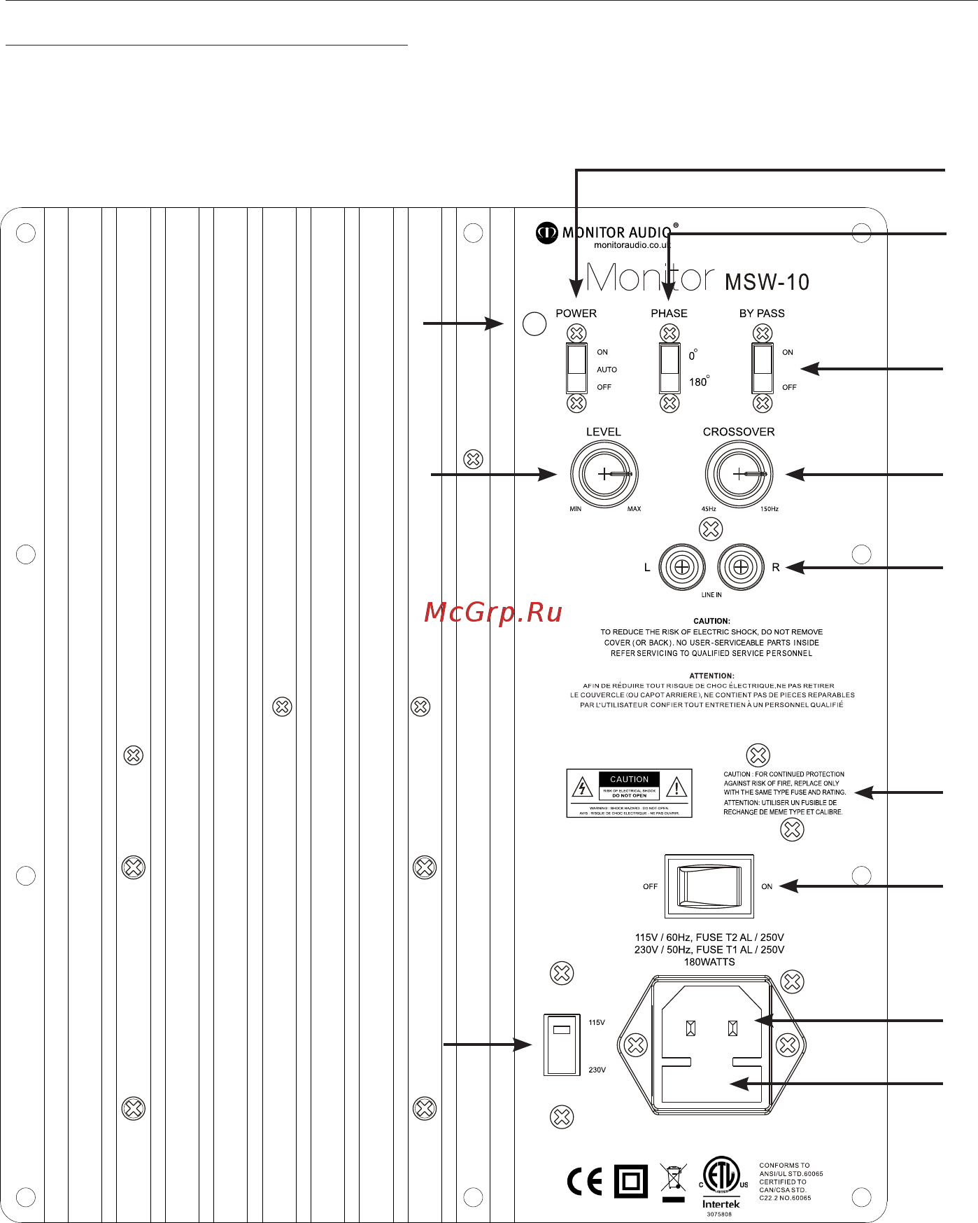 Monitor Audio Gold GXC350 [10/16] Панель управления встроенного усилителя сабвуфера msw 10