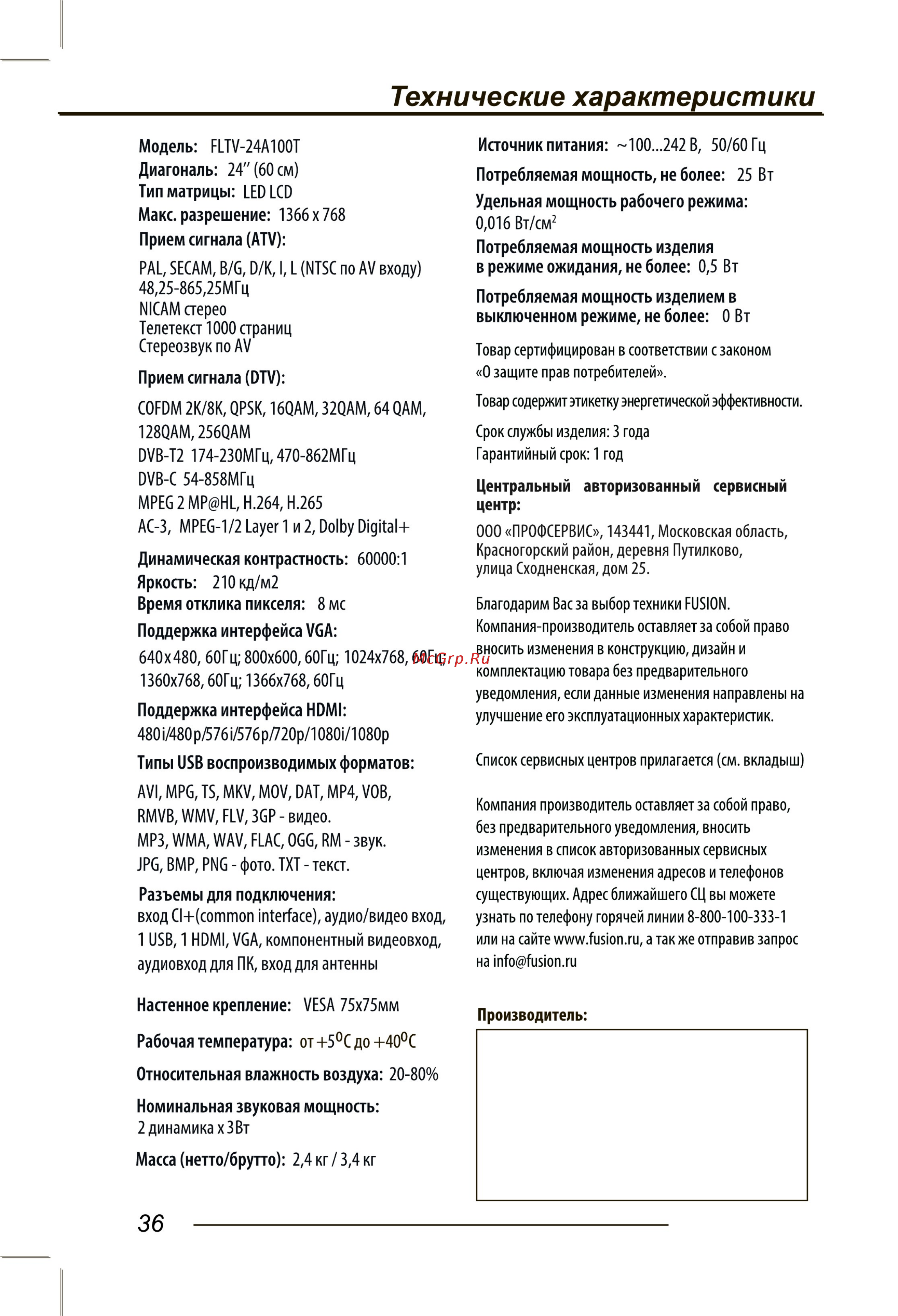 Fusion FLTV-39A100T [38/44] Технические характеристики