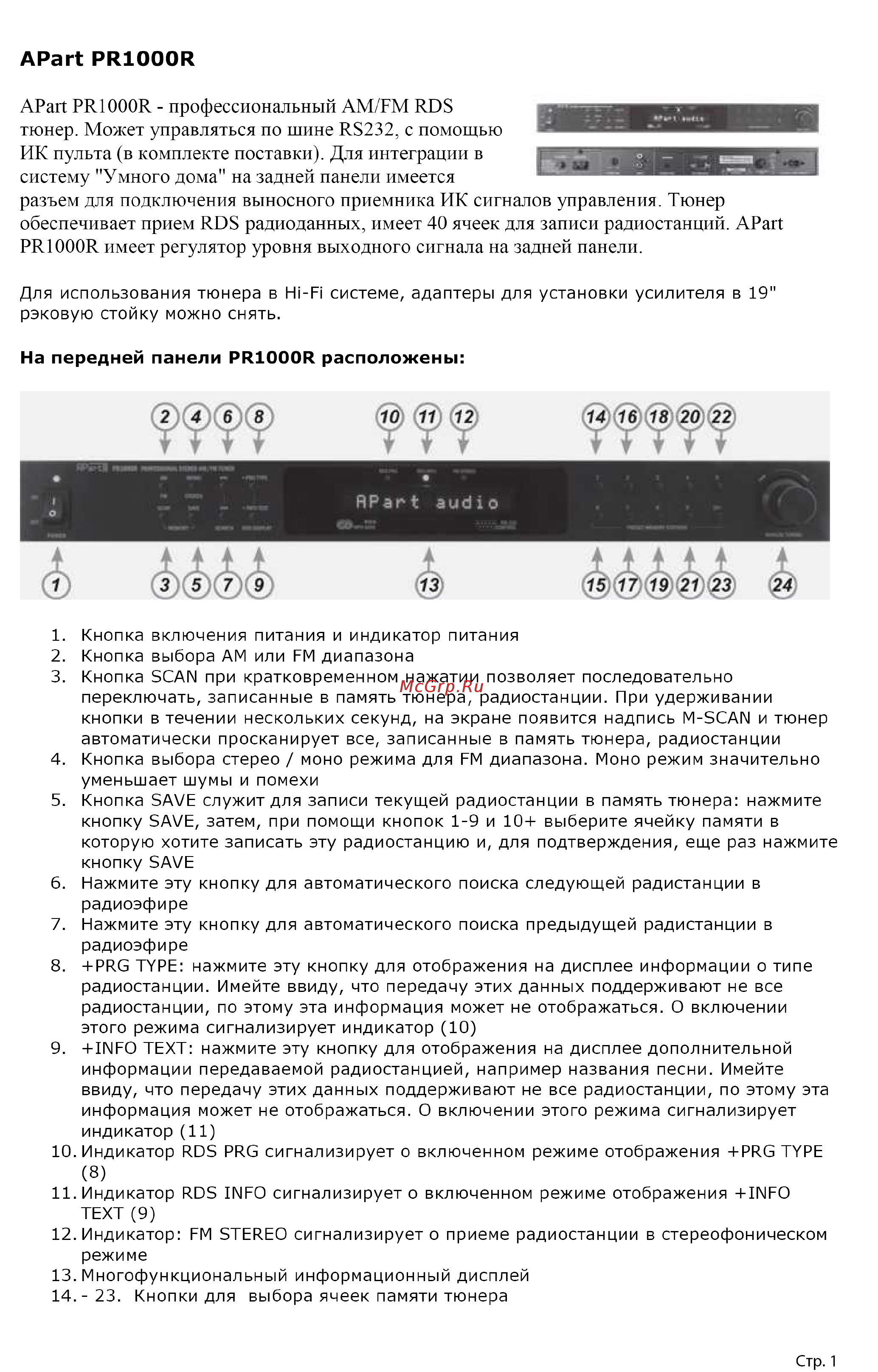 APart PR1000R 1U Инструкция по эксплуатации онлайн