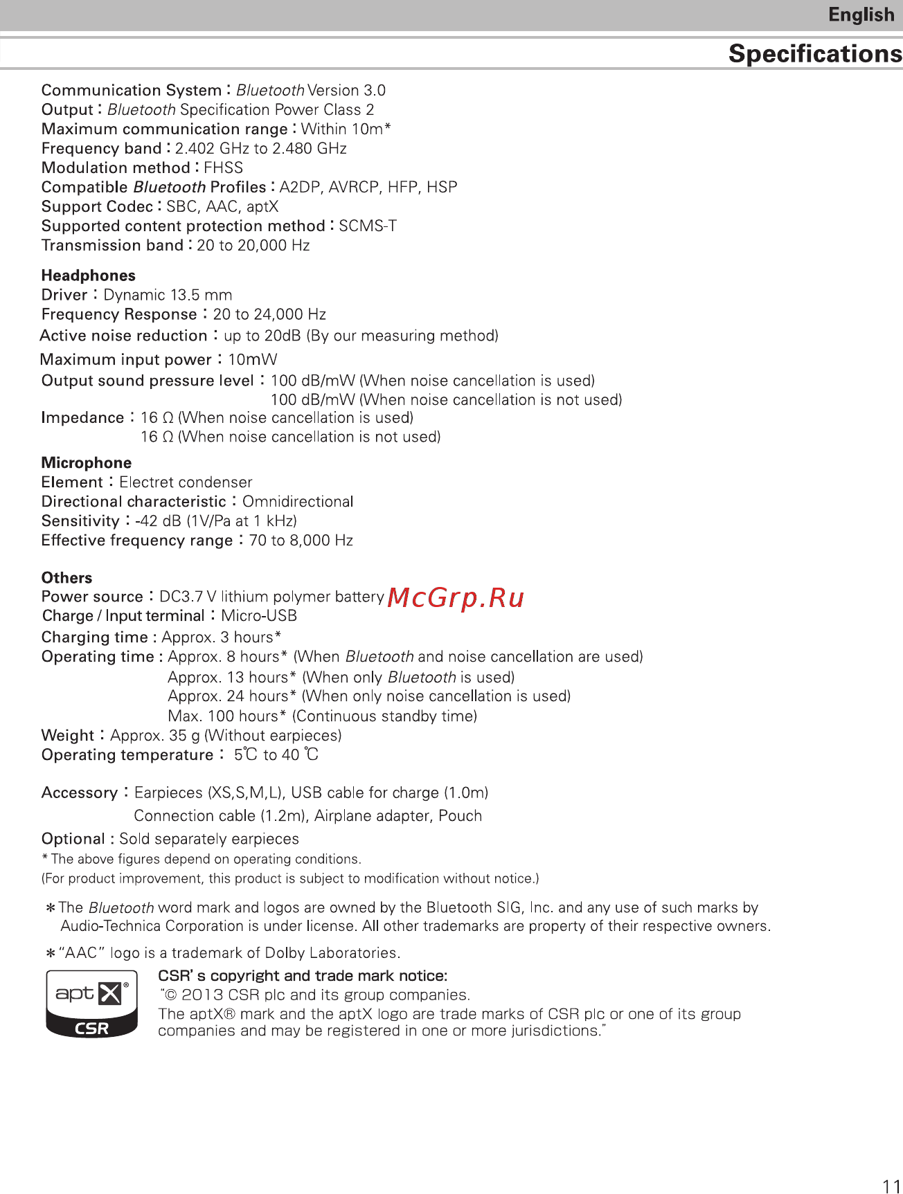 Audio-Technica ATH-ANC40 BT [11/88] Specifications