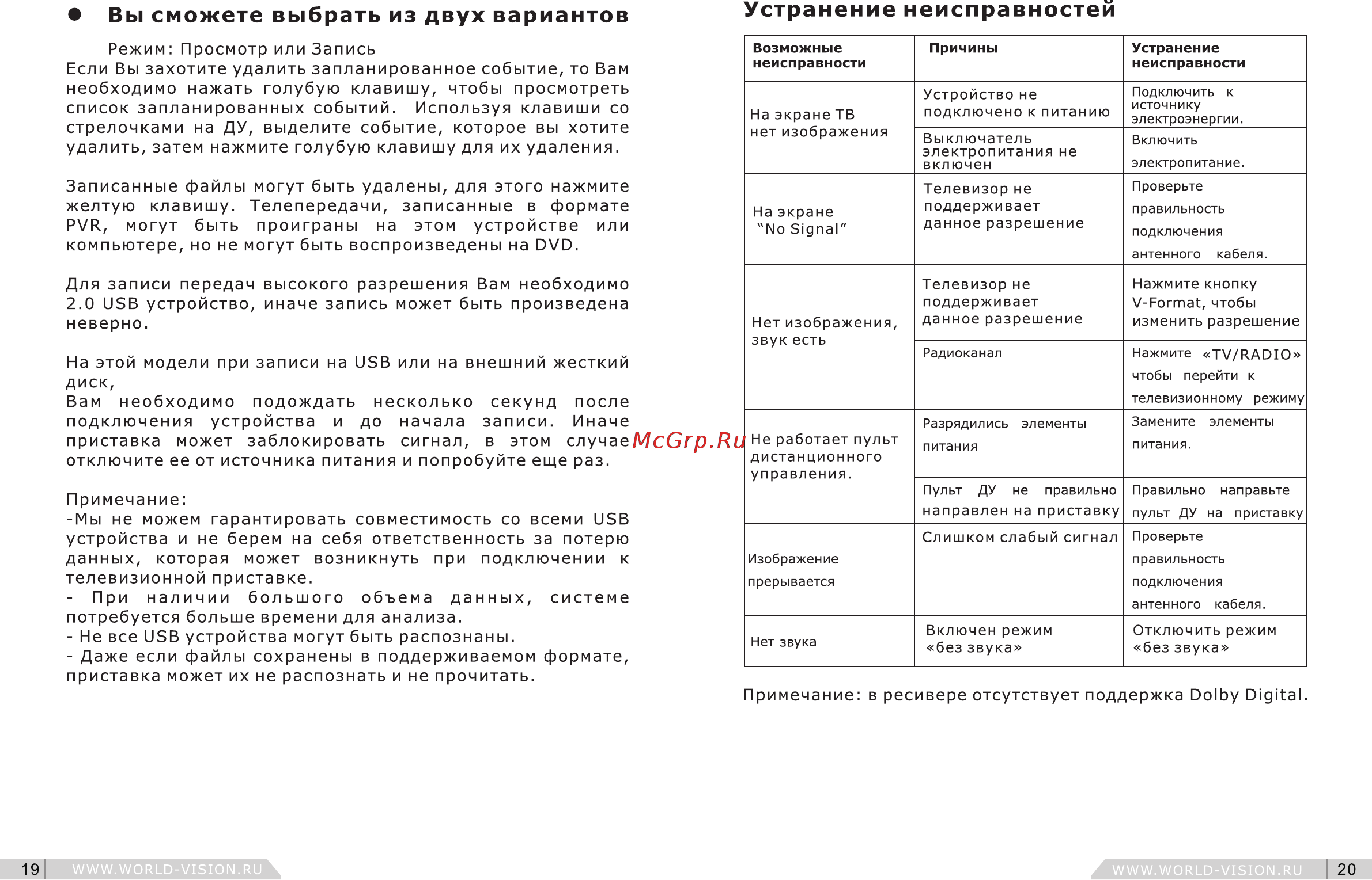 World Vision T40 [11/12] Устранение неисправностей