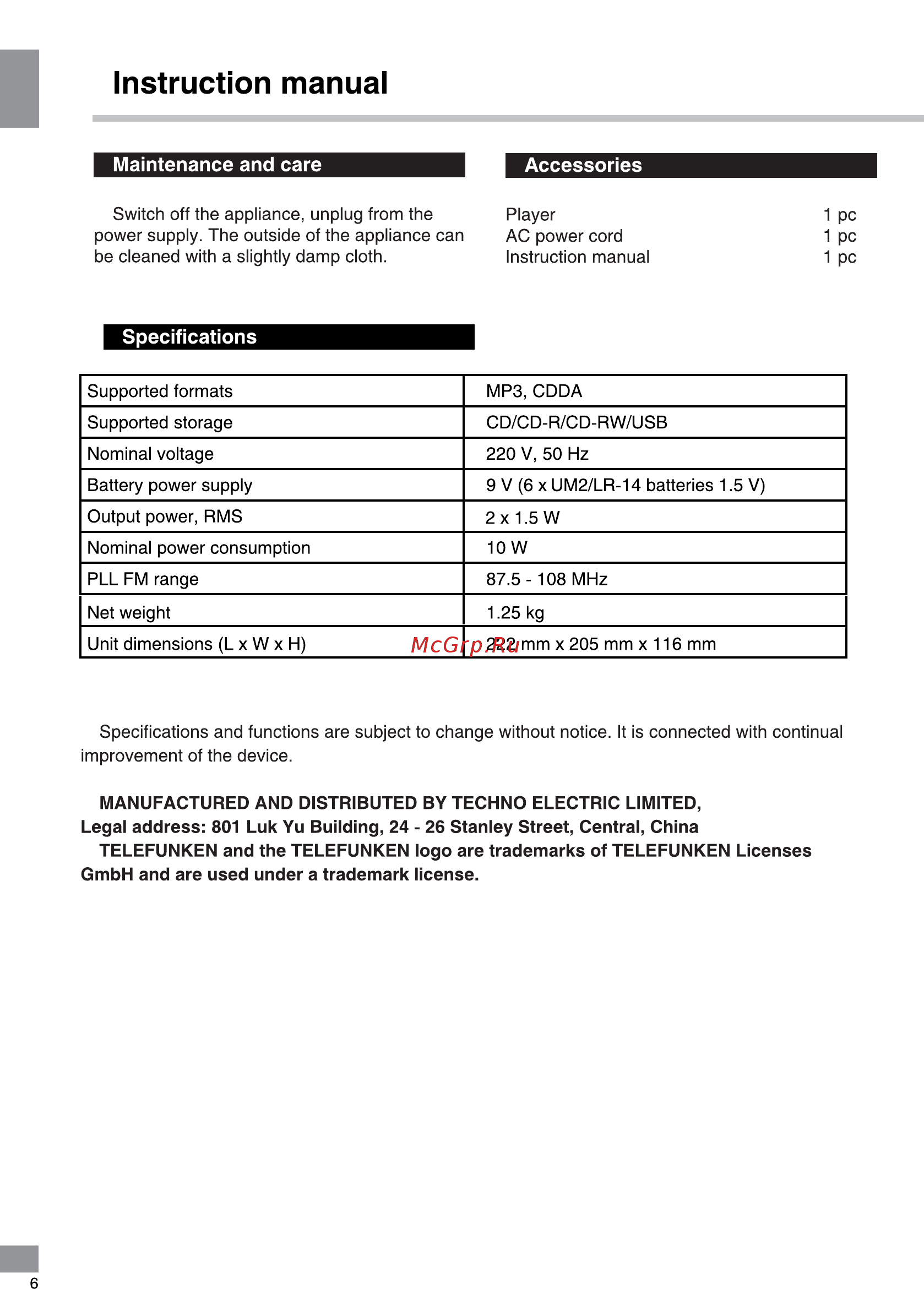 Telefunken TF-CSRP3499B Blue/Black [6/18] Instruction manual