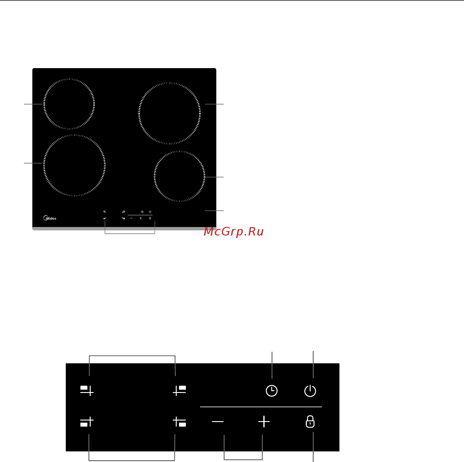 Midea MCH64160 [5/28] Кнопки регулировки рабочих зон 2 кнопка регулировки мощности и таймера 3 кнопка блокировки 4 кнопка вкл выкл 5 кнопка таймера