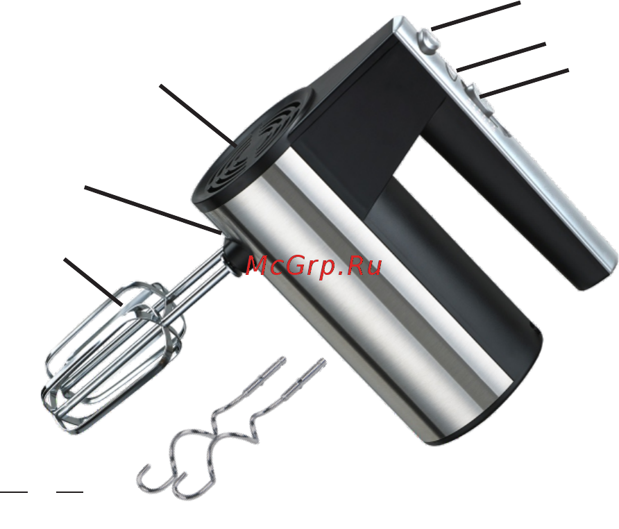 Good Helper НМ-450 [2/8] Венчики для взбивания смешивания 2 гнёзда установки насадок 3 корпус моторная часть 4 переключатель скоростей 5 кнопка турбо 6 кнопка освобождения насадок 7 насадки для замешивания теста