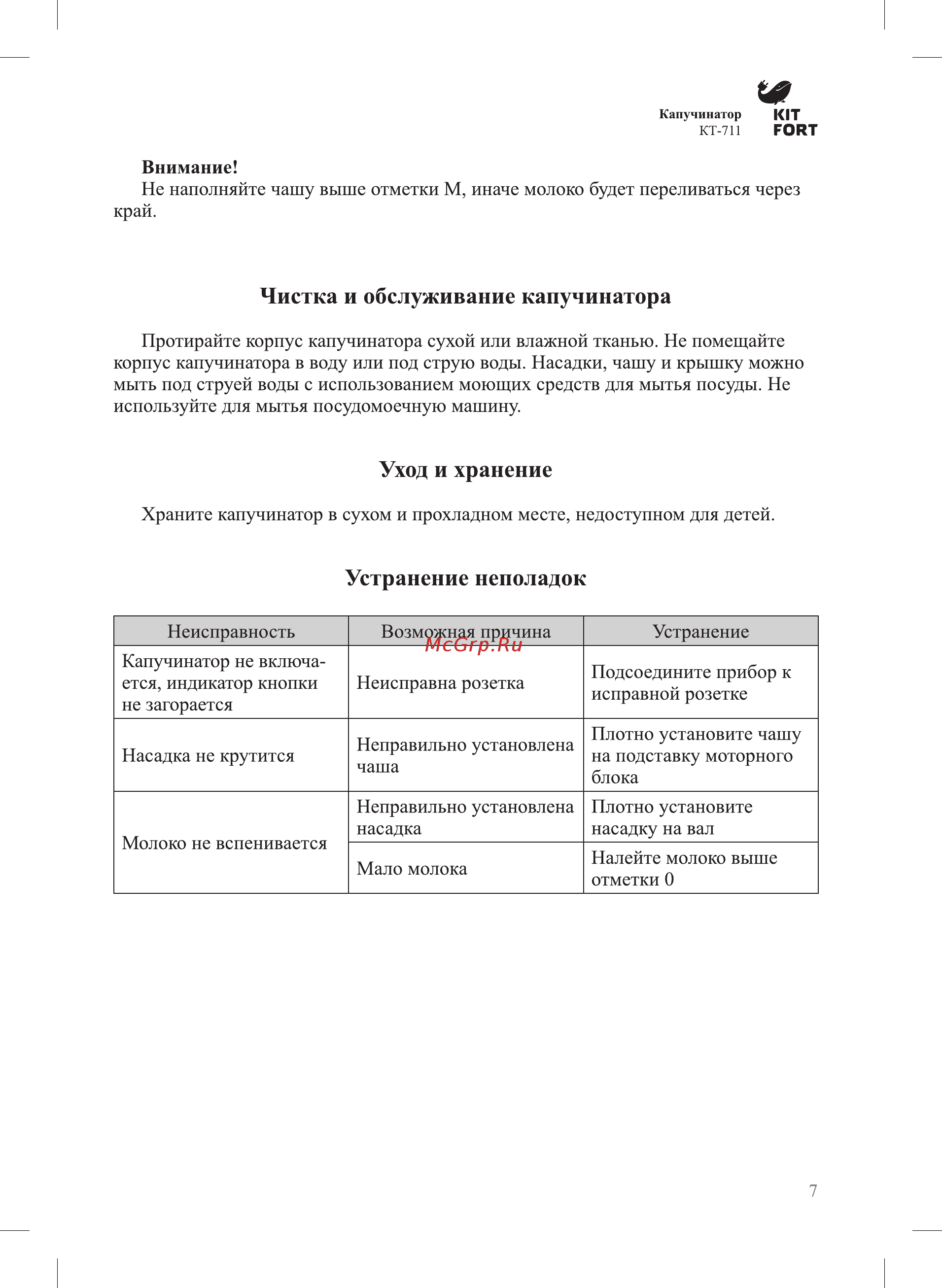 Kitfort КТ-711 [7/12] Устранение неполадок