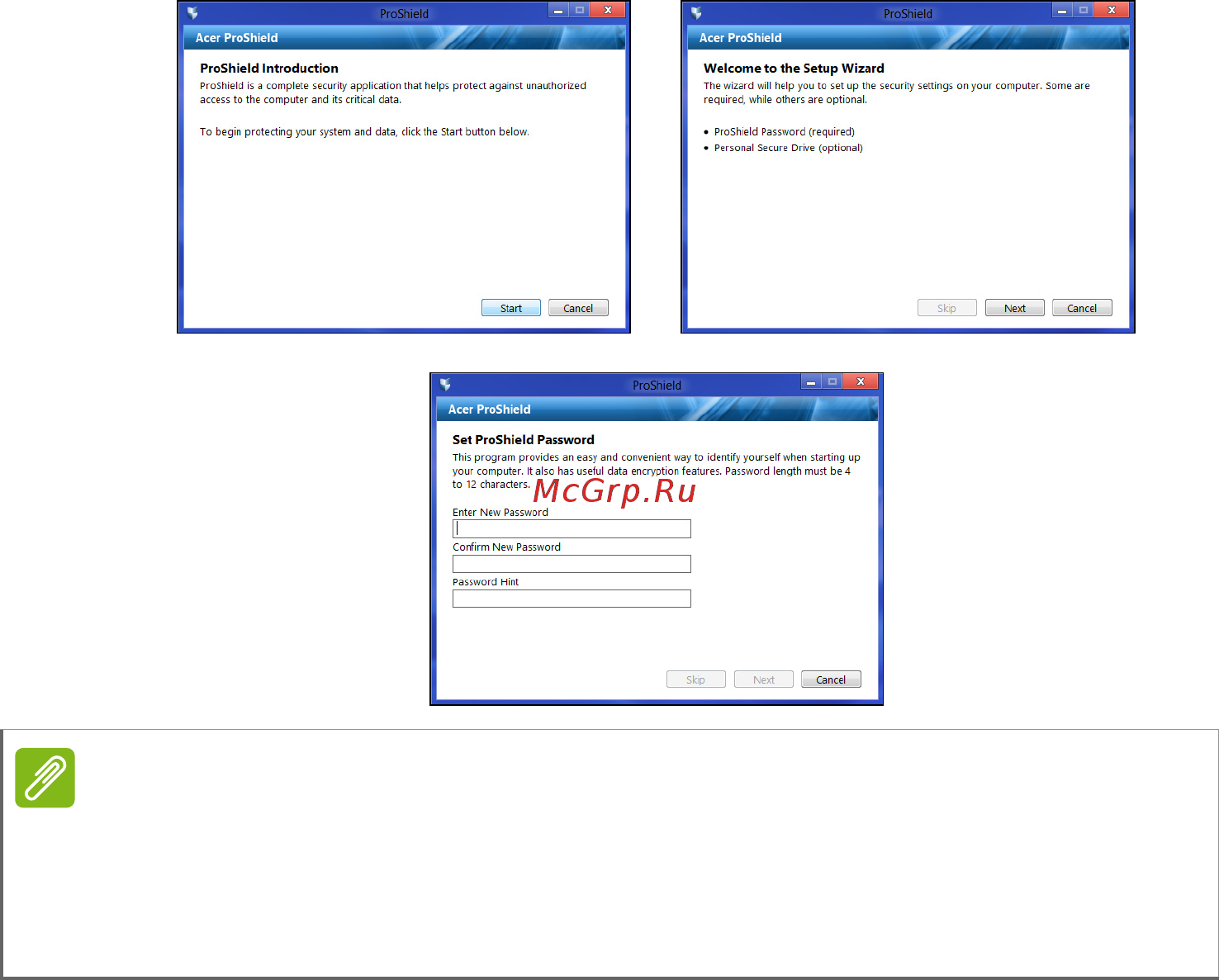 Acer TravelMate P2 TMP278-MG-38X4 NX.VBRER.005 [32/85] Настройка программы acer proshield