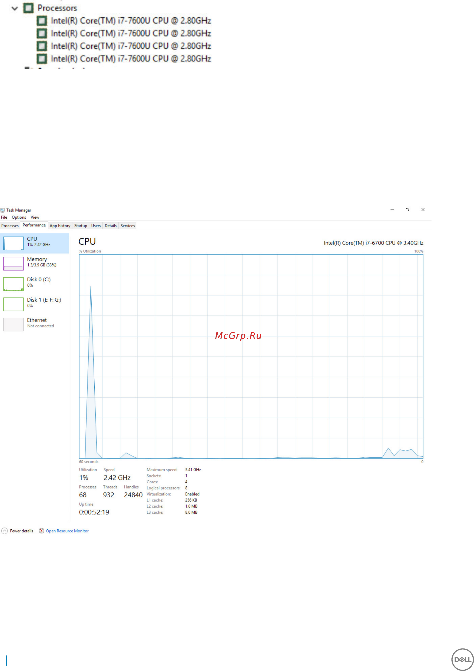 Dell Latitude 5285-7925 [18/42] Проверка загрузки процессора в мониторе ресурсов