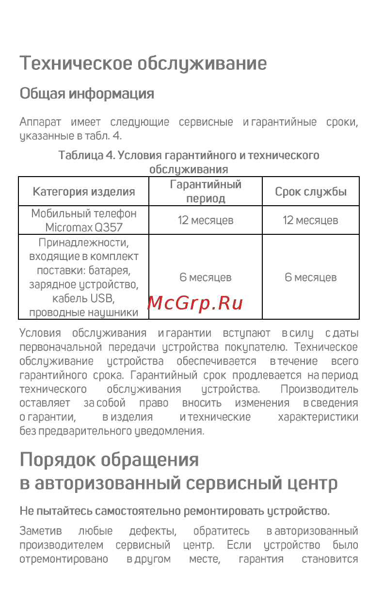 Micromax BOLT Grey (Q357) [13/18] Порядок обращения в авторизованный сервисный центр