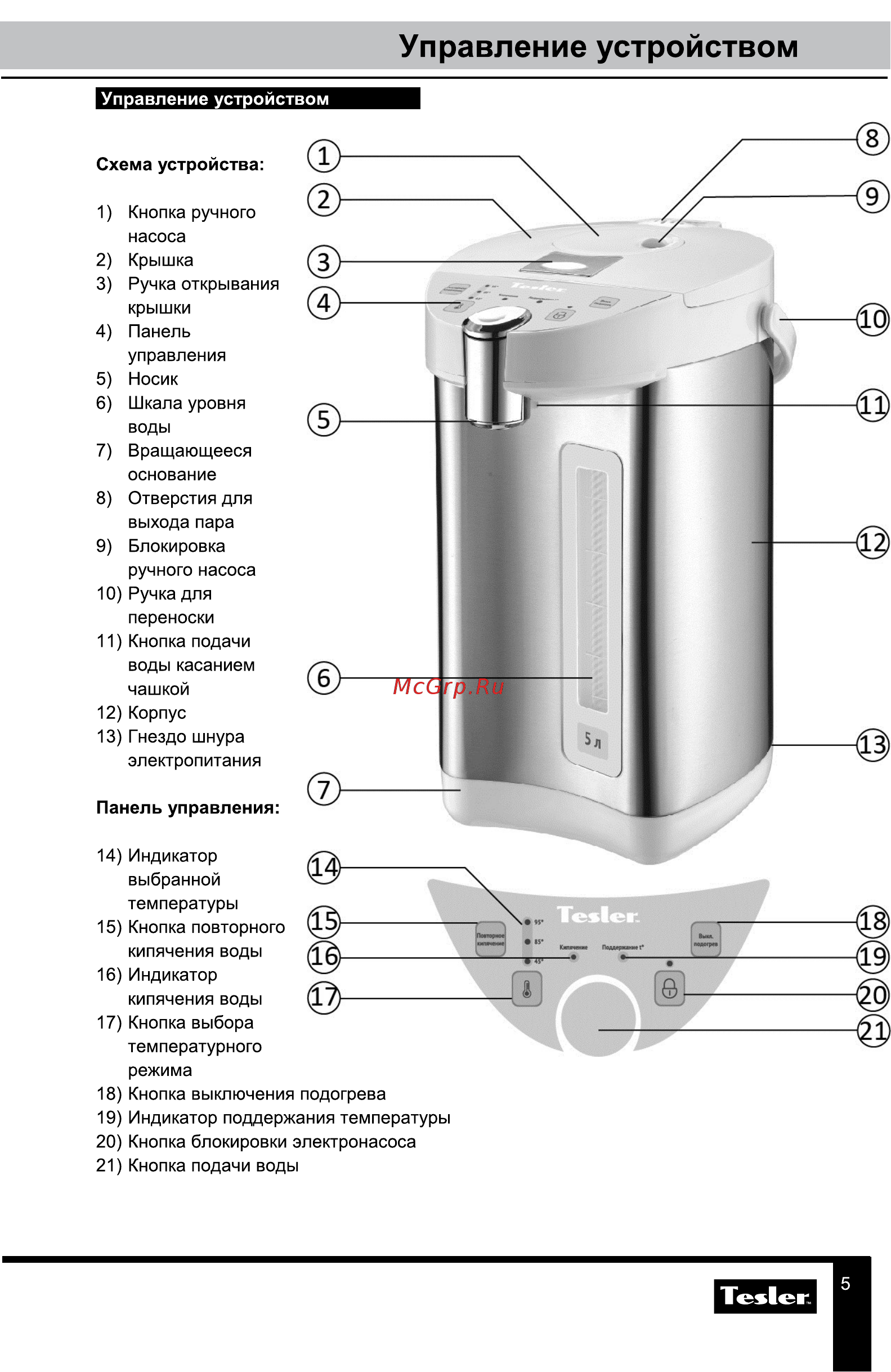 Tesler TP-5001 [5/9] Управление устройством
