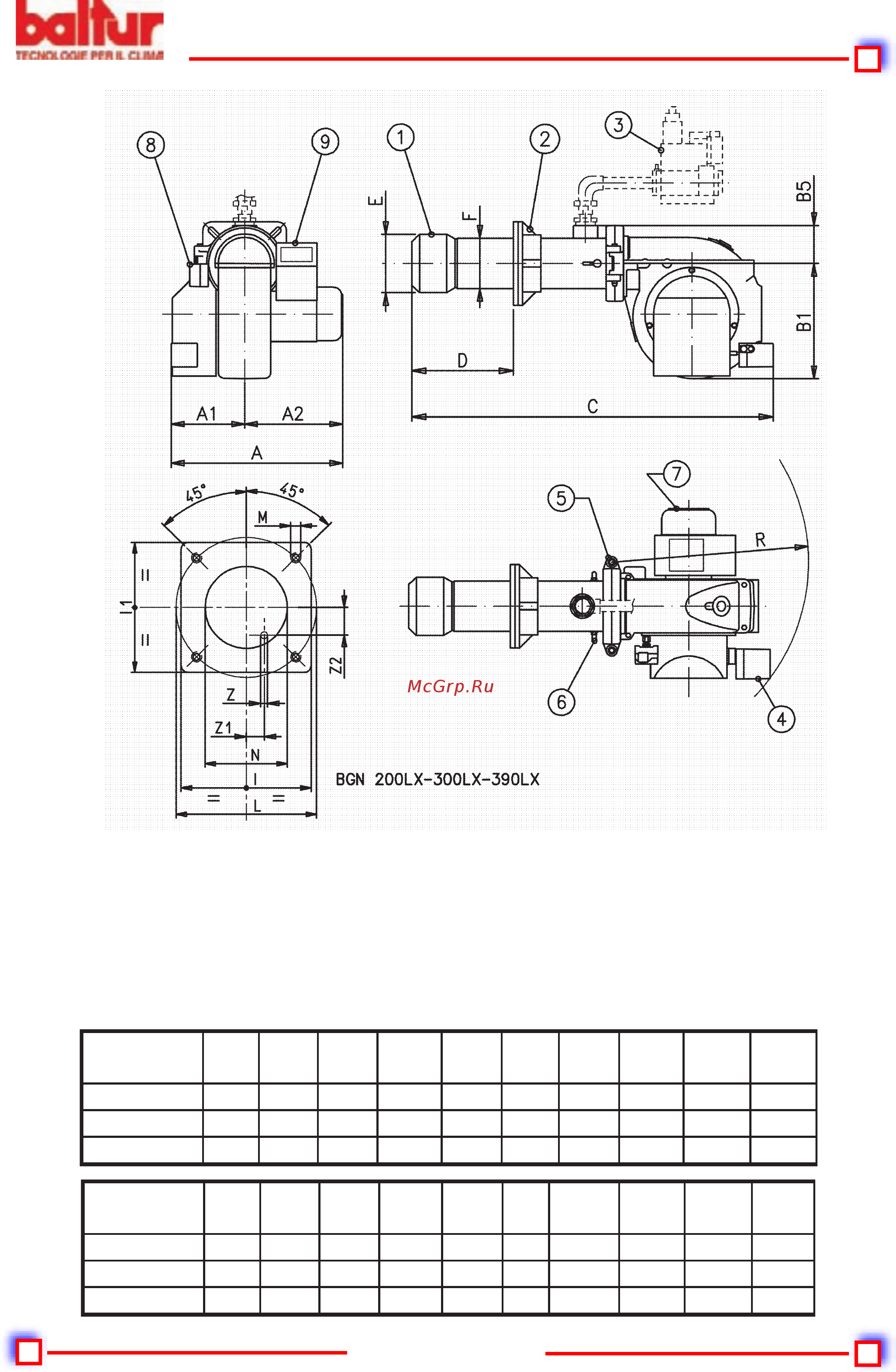 Baltur BGN 200 LX-V [8/57] Шарнир 6 винт регулировки воздуха на головке горения 7 двигатель крыльчатки 8 воздушный прессостат 9 электрический щит