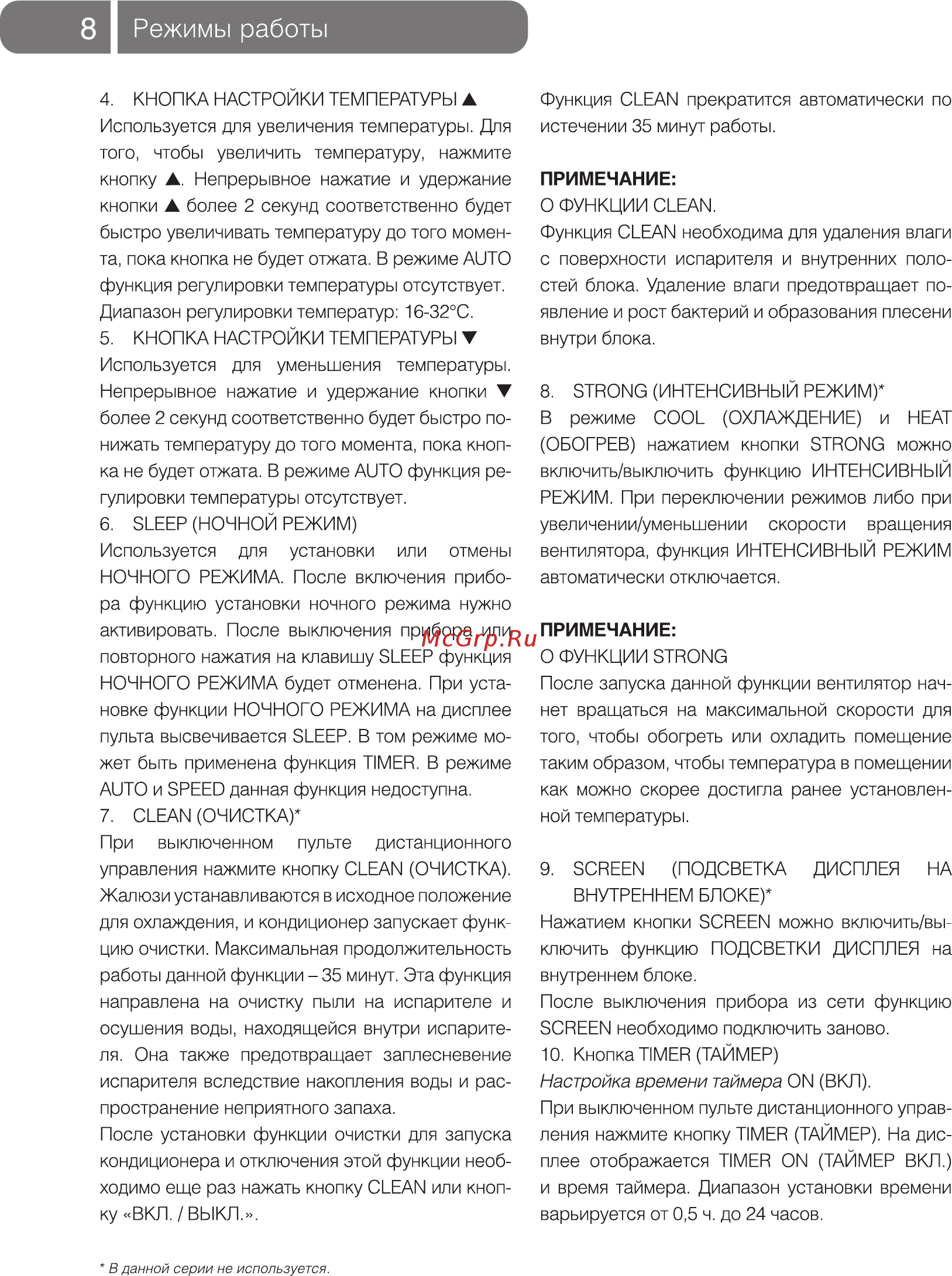 Ballu BCAL/IN-36HN1 [8/20] Режимы работы