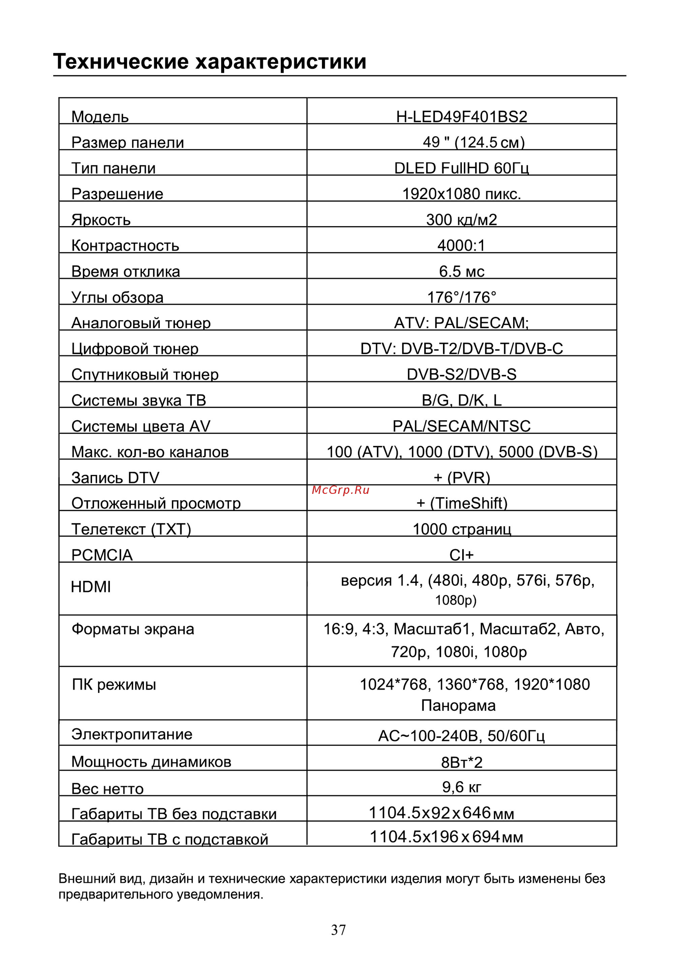 Hyundai H-LED39R401BS2 [39/40] Технические характеристики