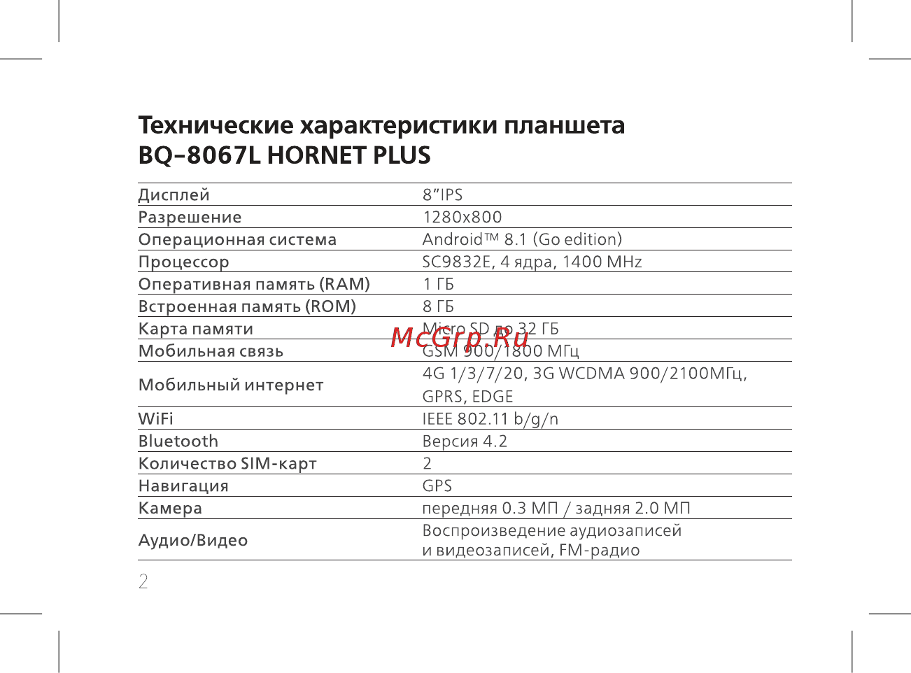 BQ BQ-8067L Hornet Plus [4/42] Технические характеристики планшета bq 8067l hornet plus