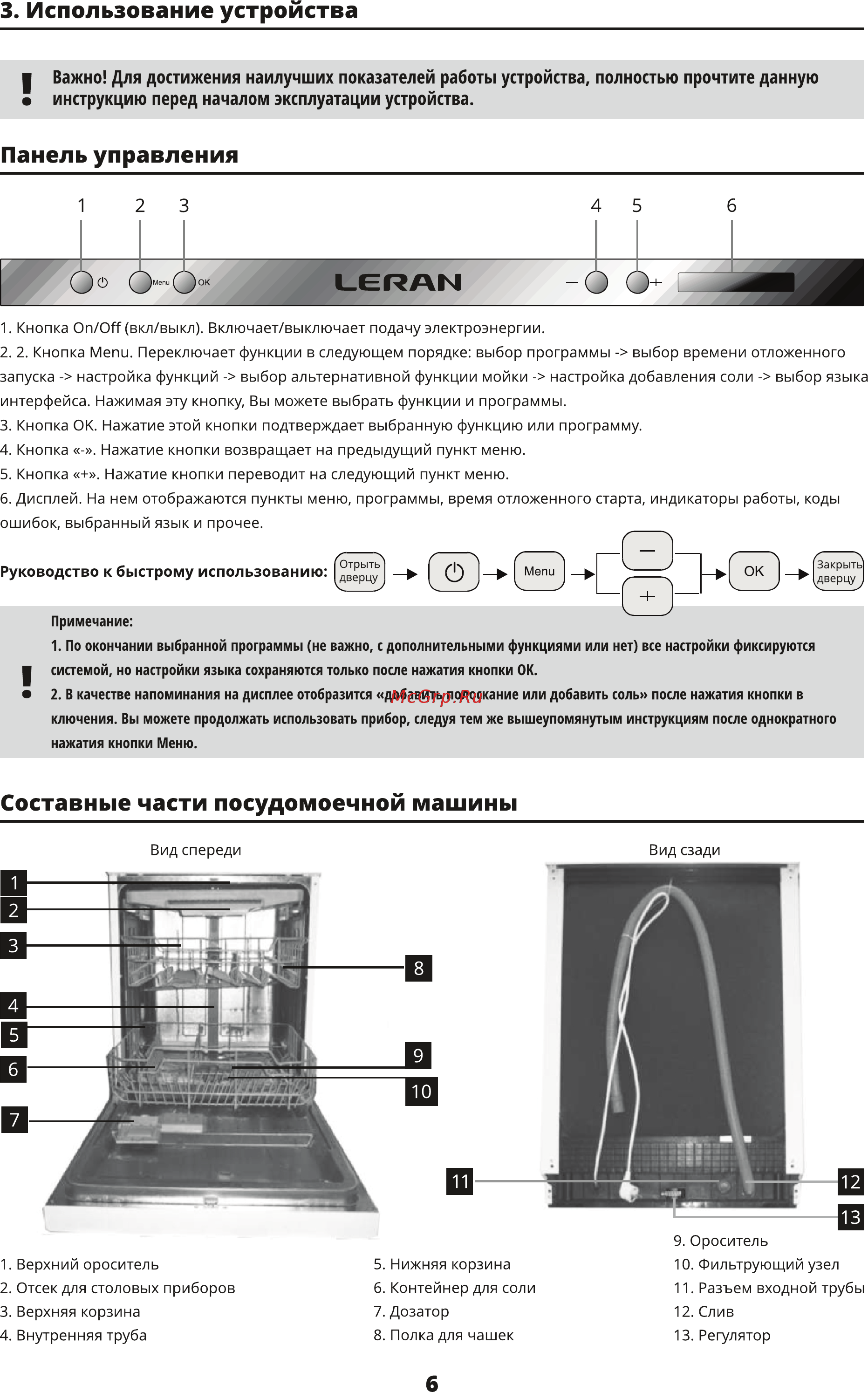 Leran BDW 60-148 [7/36] Панель управления
