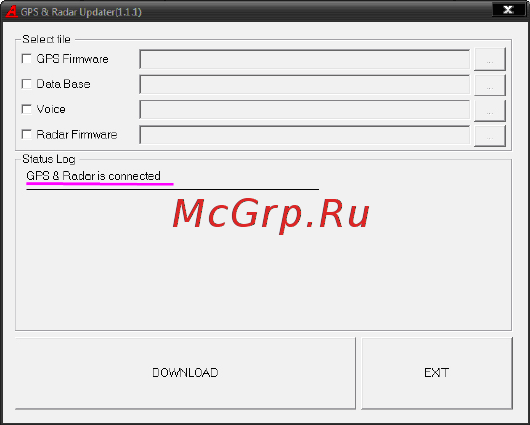 Neoline X-COP 7500s со встроенным GPS модулем [20/22] Запустите gpsrd_updater exe файл 2 подключите х сор 7500 к пк использую кабель mini usb в окне программы должно появиться сообщение gps radar is connected которое означает что программа распознает ваш радар детектор