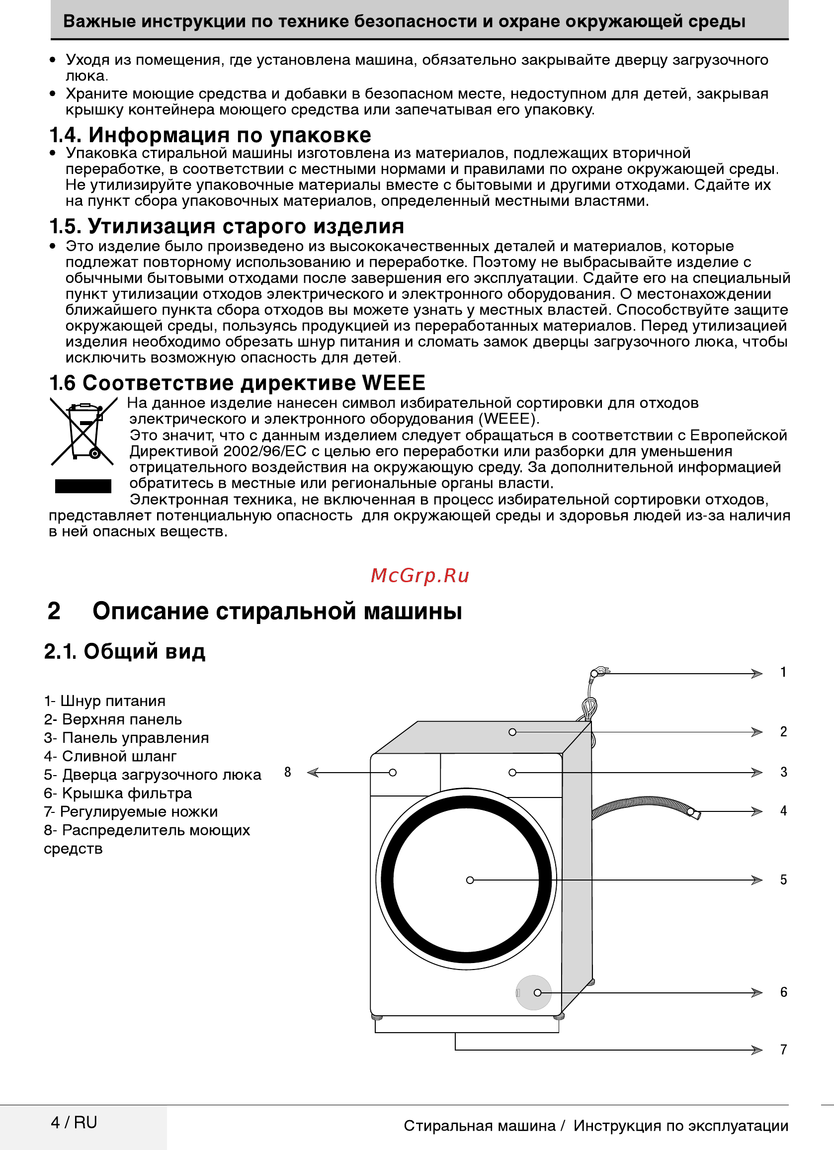Beko RGE584P2BSW [4/36] Описание стиральной машины