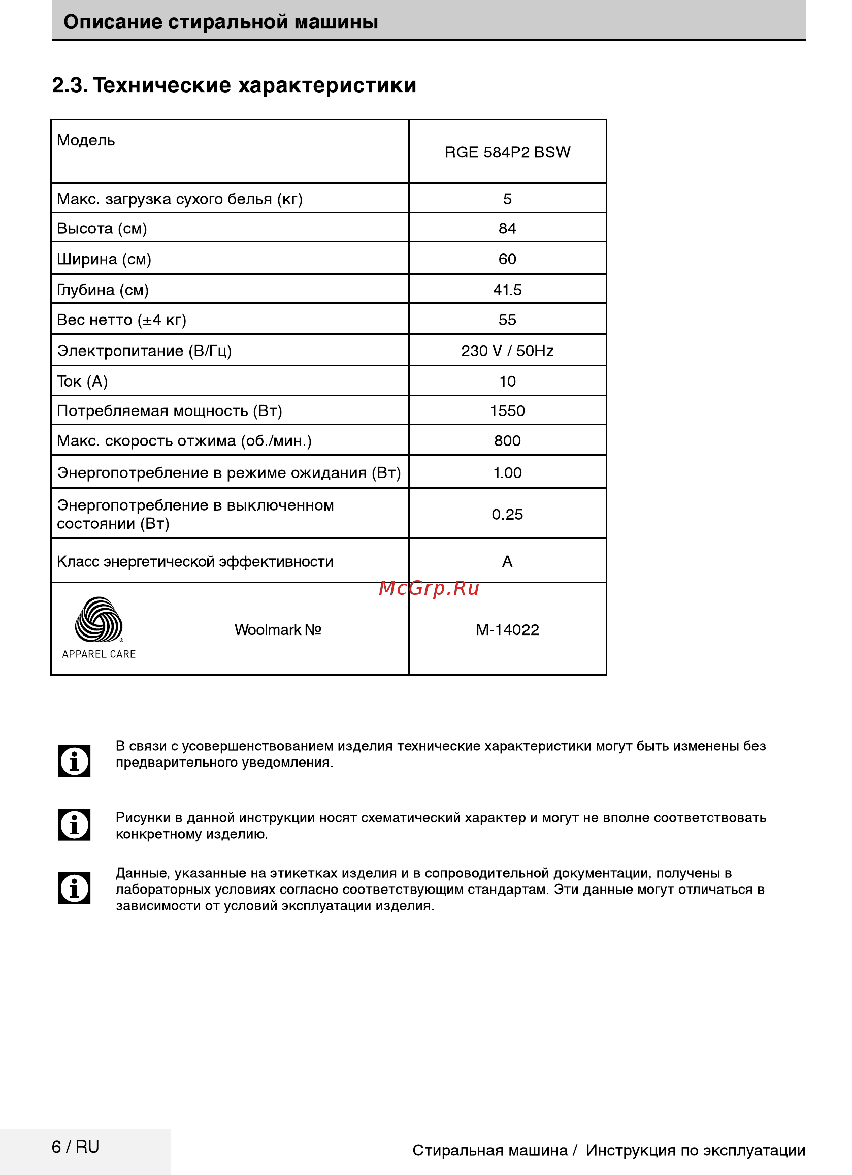 Beko RGE584P2BSW [6/36] Технические характеристики