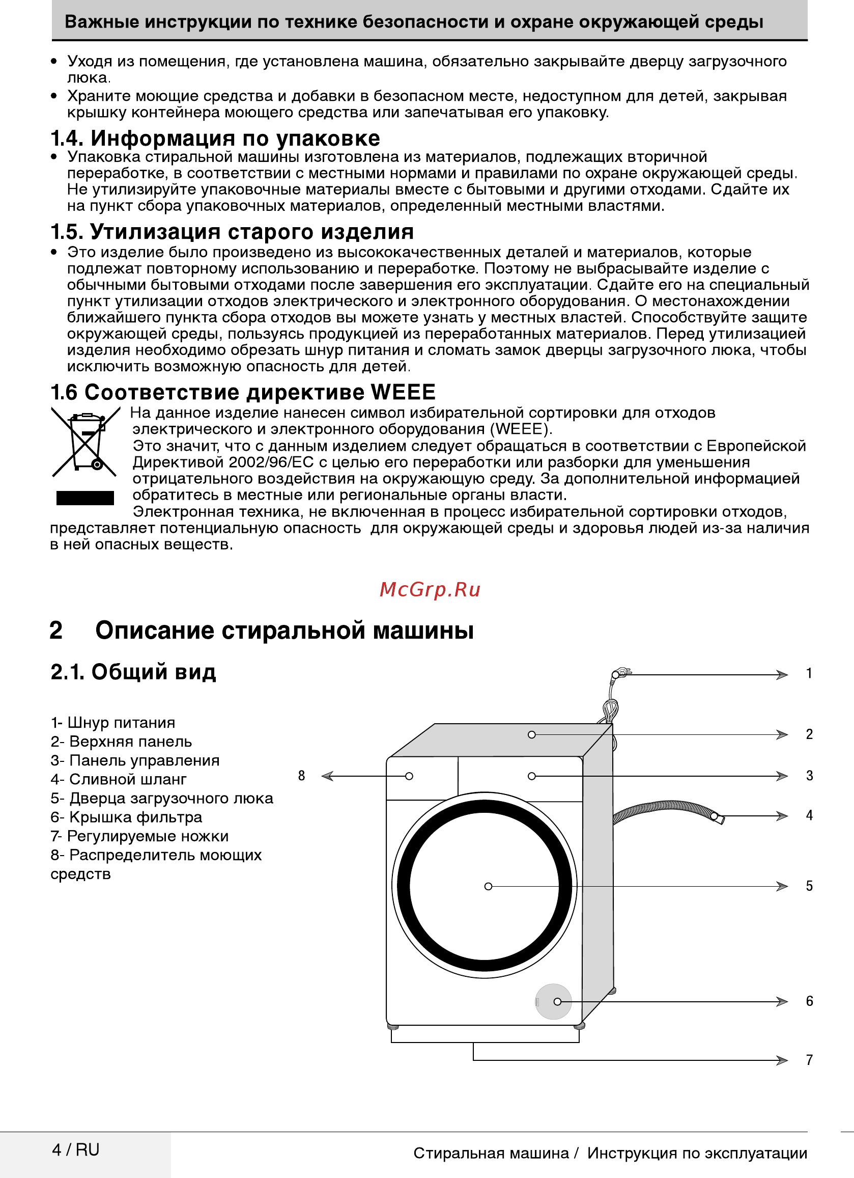 Beko RGE 585P1 BSW [4/32] Описание стиральной машины